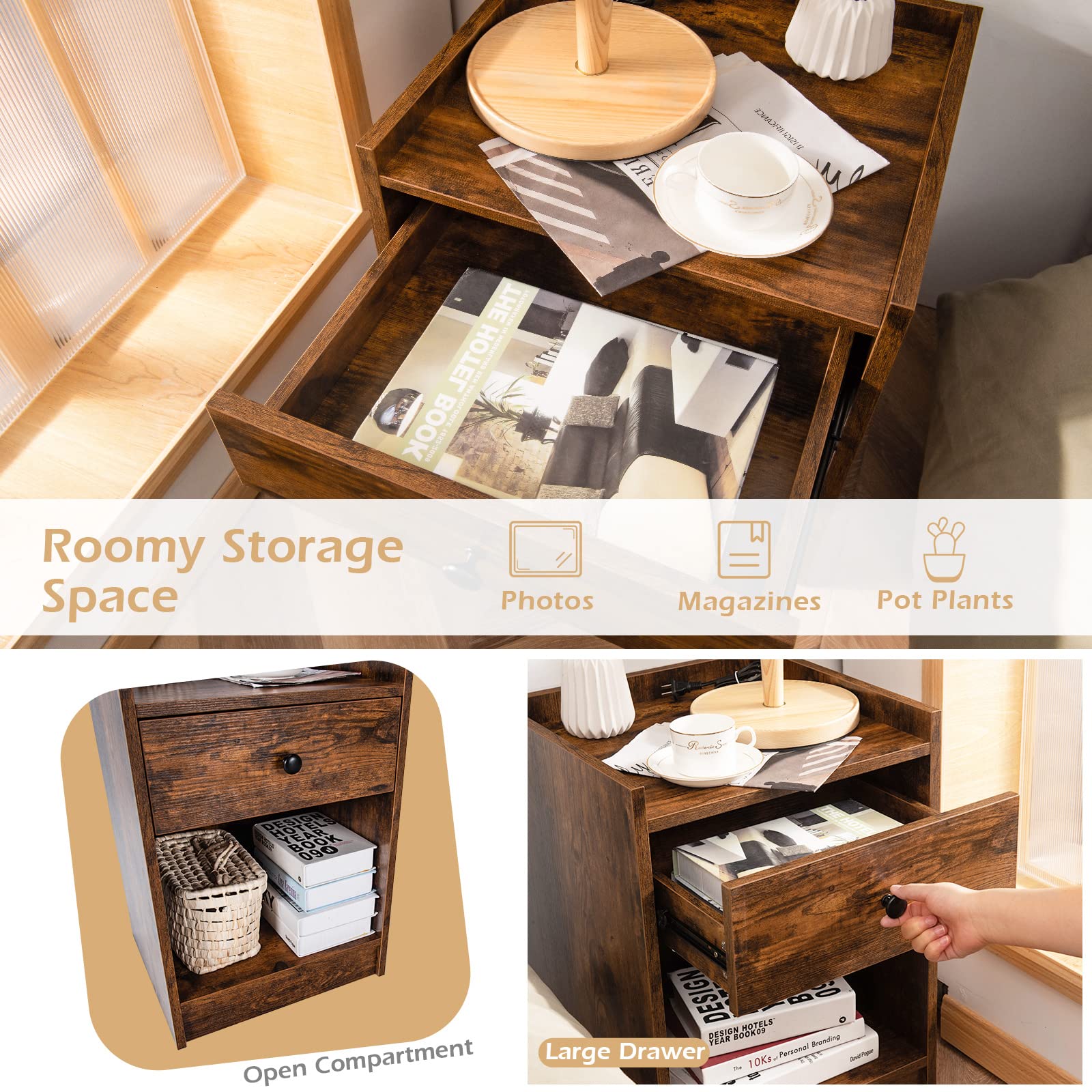 Giantex Nightstands Set of 2 - Wooden Bedside Tables with Storage Drawer & Open Shelf, 17