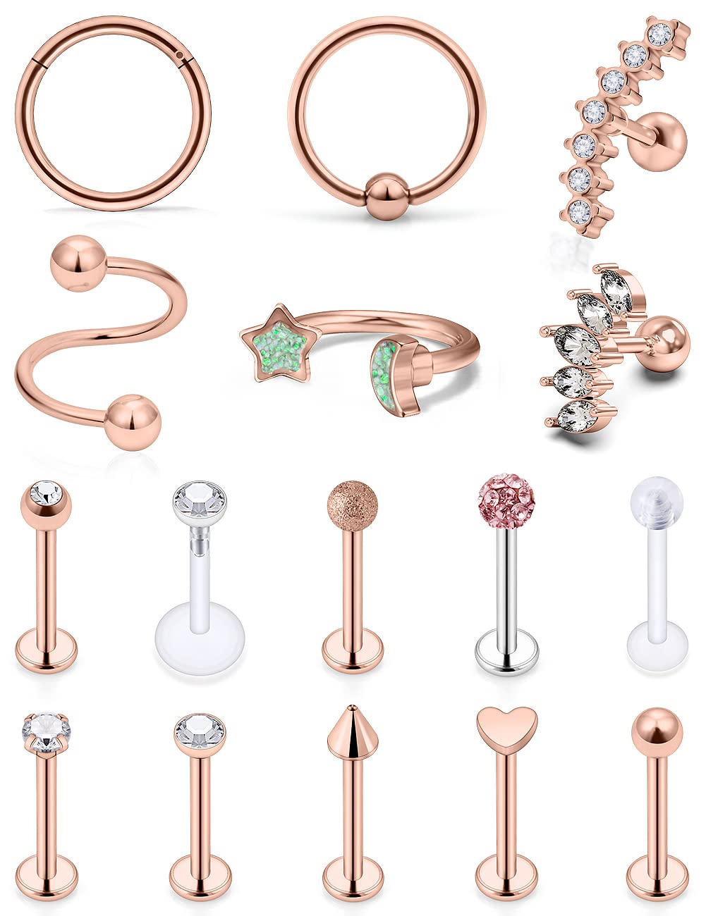 Prjndjw 16G Surgical Steel Cartilage Earrings - Diamond Stud Helix Piercing Jewelry for Women & Men | Rose Gold Tone Body Piercing Retainer | Perfect for Everyday Wear, Parties & Gifts
