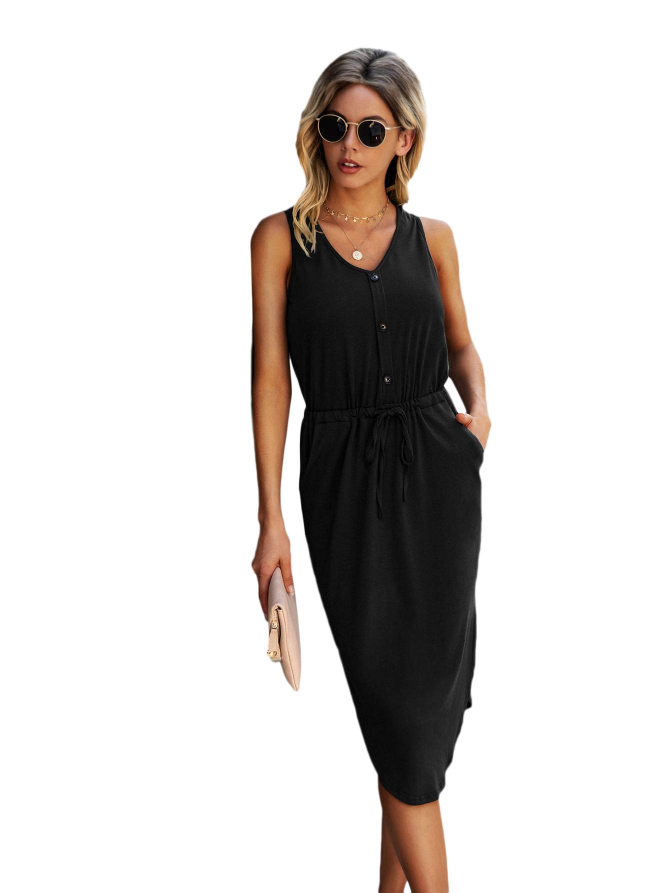 SweatyRocks Women's Sleeveless Adjustable Waist Button Midi Dress with Pocket - Summer Casual Flowy Dress for Beach, Party & Office Wear