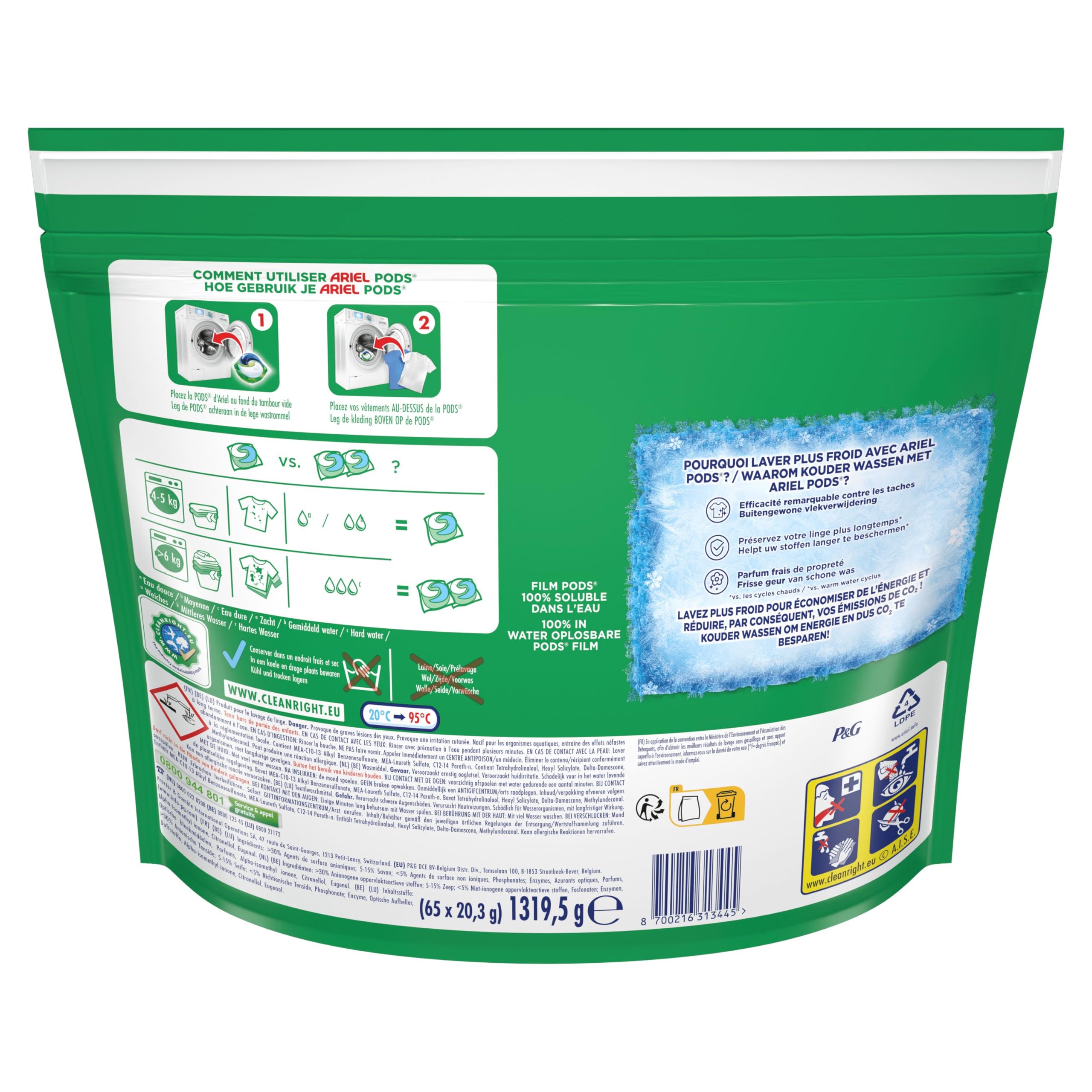 Ariel 3-in-1 Laundry Detergent Pods, 65 Count, Alpine Fresh Scent, Fast Dissolving, Works in Cold & Short Cycles - Perfect for Travel, Apartments & Quick Loads