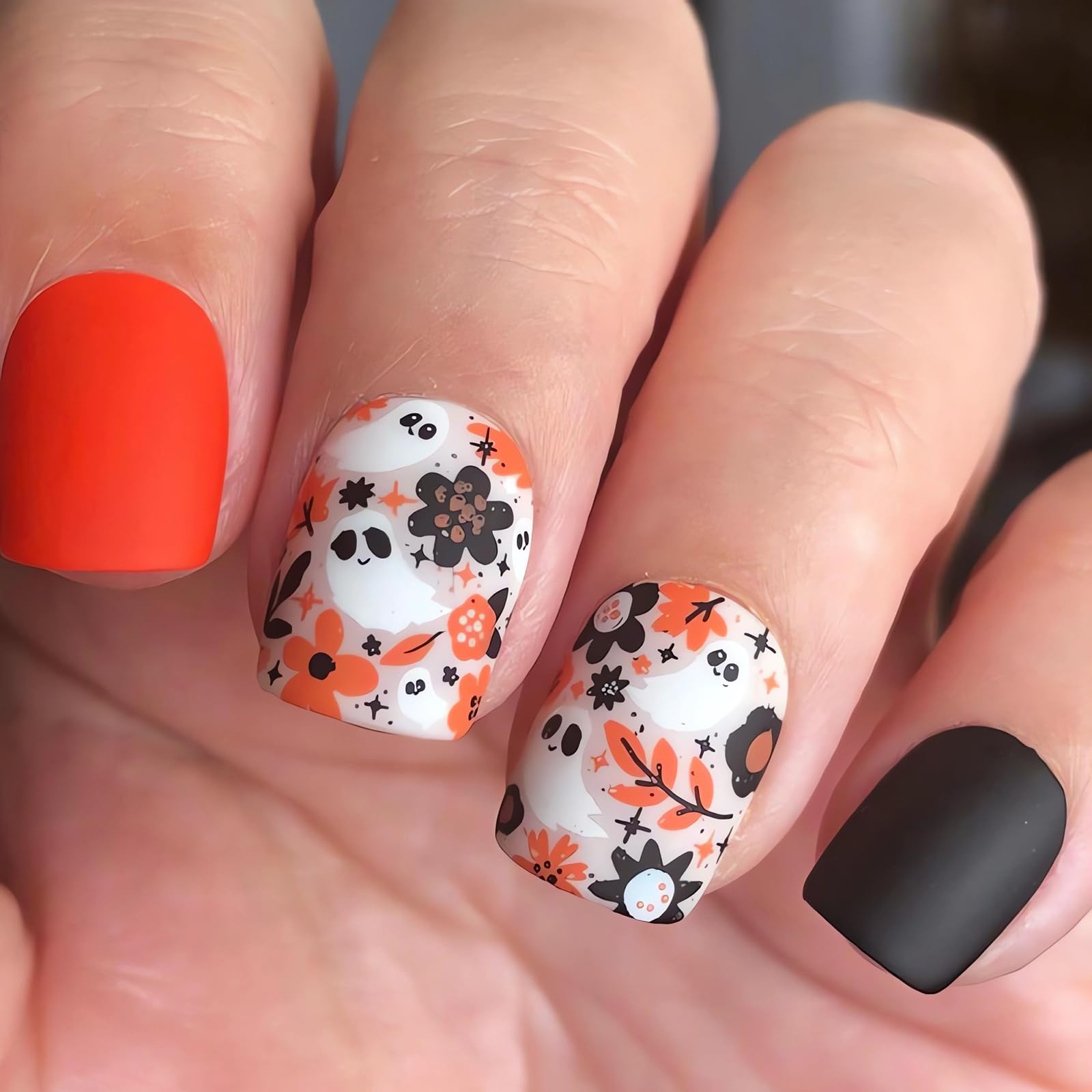 24Pcs Halloween Press on Nails - Short Square Fake Nails with Ghost, Flower & Leaf Designs - Glossy Orange & Black Halloween Glue on Nails for Women - Perfect for Halloween Parties, Costume Events & Fall Holiday Nail Art