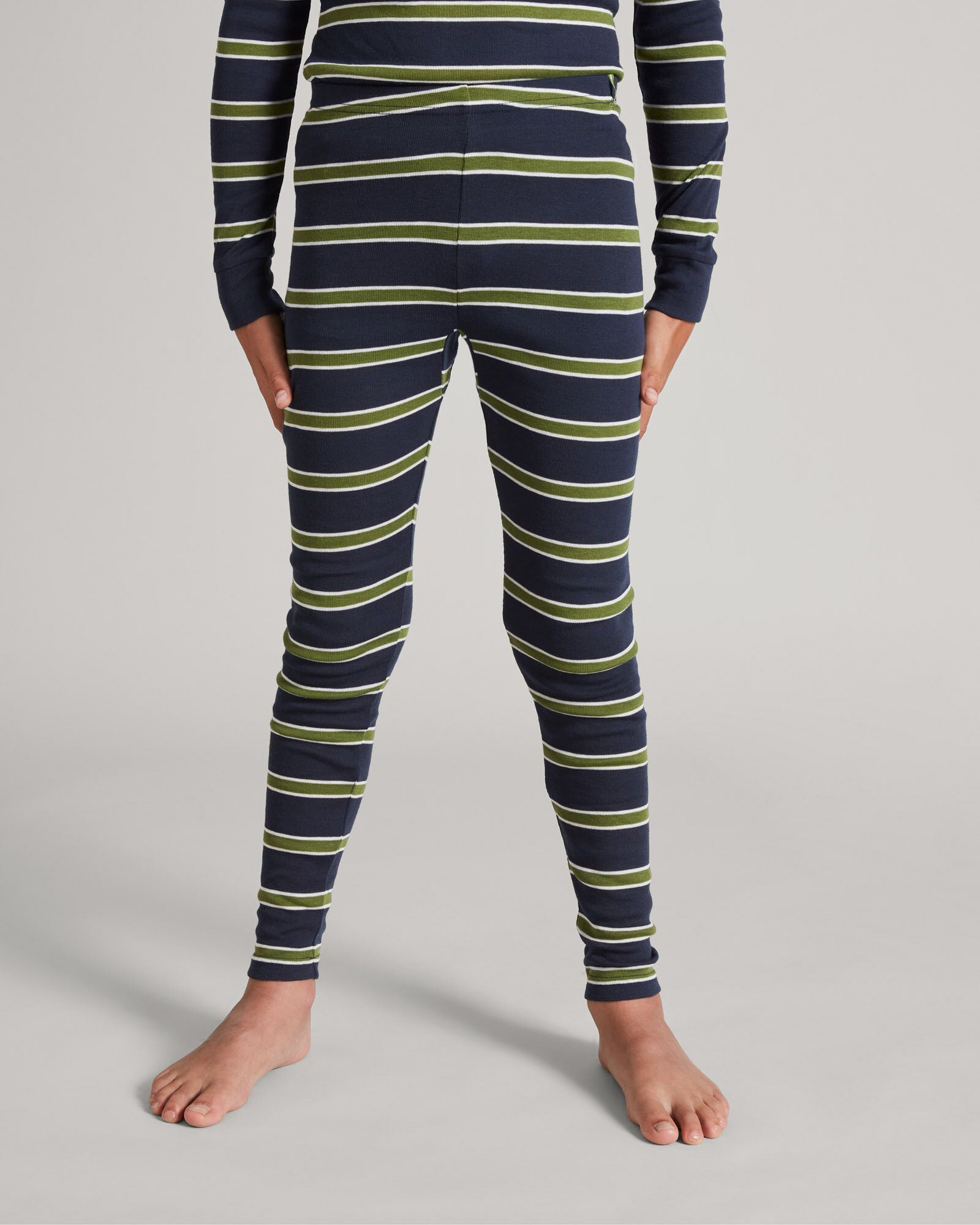 KMDCore Kids' Long John Pants - Thyme & Midnight Navy Striped Thermal Underwear for Boys & Girls - Perfect for Winter, Outdoor Activities & Layering