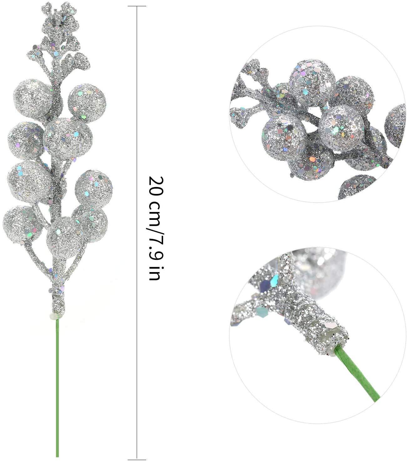 20 Pcs 7.8 Inch Glitter Rose Gold Berry Stems - Artificial Christmas Tree Picks Decorations | DIY Xmas Wreath & Holiday Home Decor for Christmas Tree, Mantel, Centerpieces & Gift Wrapping (Rose Gold)