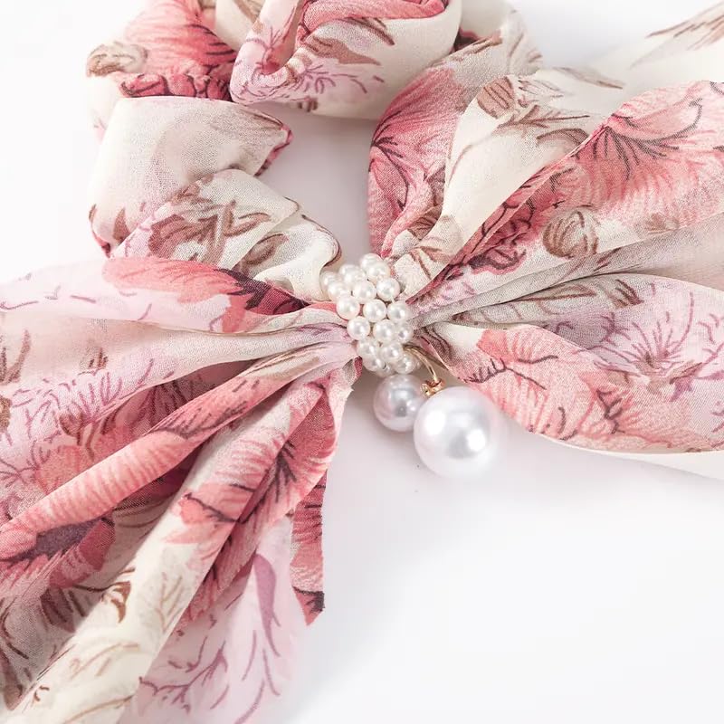 VSAKSH 2-Pack Printed Faux Pearl Bow Hair Scrunchies - Soft Fabric Elastic Hair Ties for Women & Girls - Perfect for School, Work, and Special Occasions
