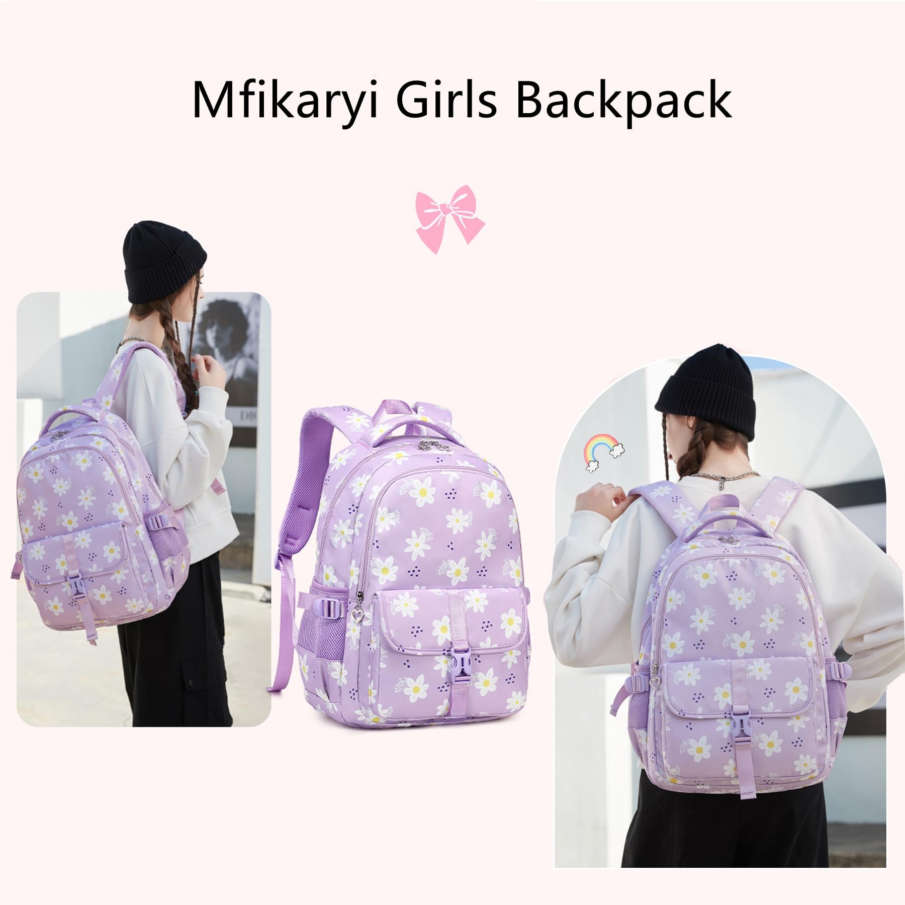 **Daisy Print Backpack for Girls - Large Purple School Backpack for Elementary Kids, Lightweight & Durable, Perfect for School, Travel & Daily Use**