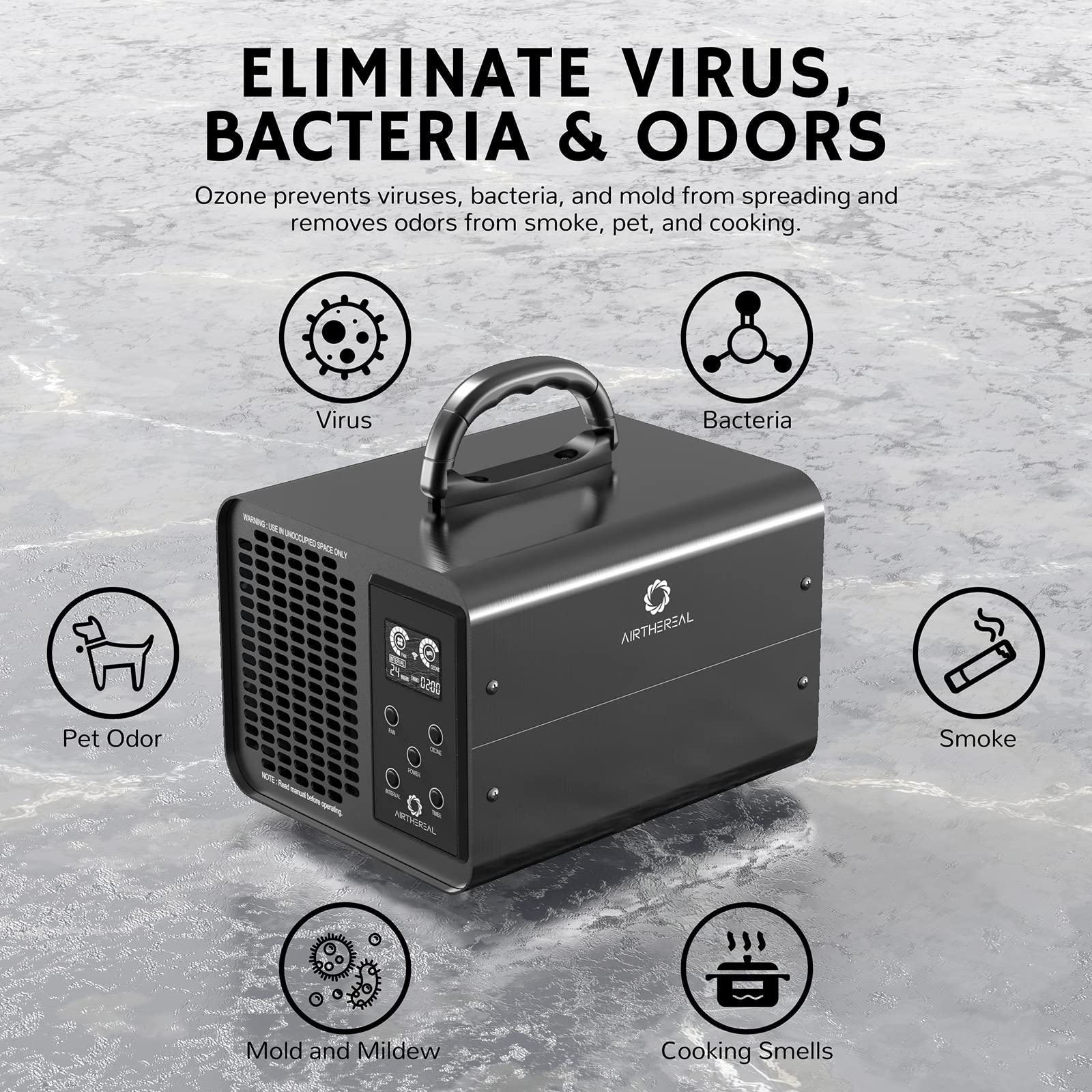 Airthereal MA10K-PRO SMART WiFi Ozone Generator - High Capacity Ozonator for Odor Removal, Air Purification & Sterilization - Adjustable Timer & Output Settings for Home, Office, Car, Pet Areas - Black Ozone Machine for Fresh & Clean Air