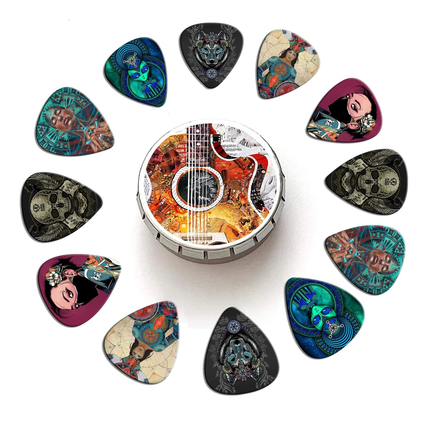 Premium 12-Pack Medium Guitar Picks with Leather Holder & Tin Box - Artistic Celluloid Picks for Bass/Electric/Acoustic Guitar - Perfect Gift for Musicians (Mix-1) - Ideal for Practice, Performances & Music Lovers