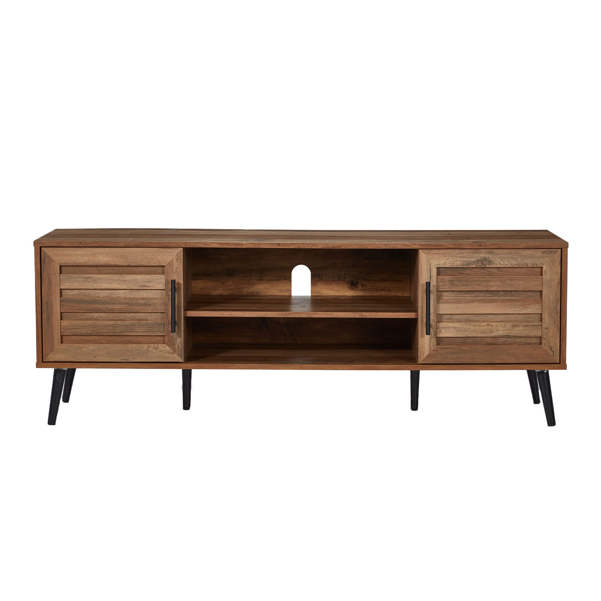 Mid Century Modern TV Stand with Open Shelves & 2 Cabinets - Walnut Wood Entertainment Center for 65 Inch TVs - Perfect for Living Room, Home Theater & Media Room Organization