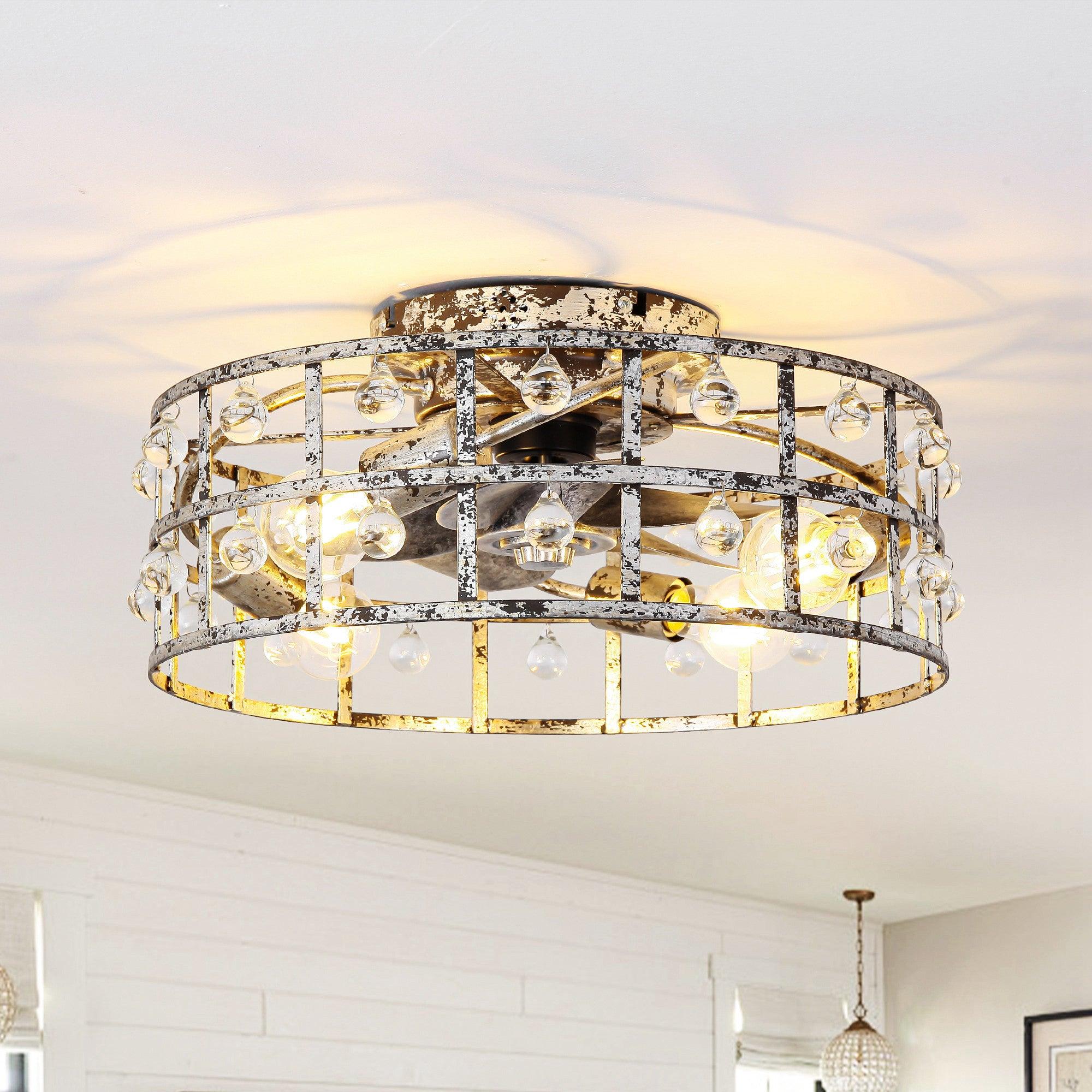 18 Inch Retro Silver Crystal Flush Mount Ceiling Fan with APP Remote Control & LED Light - Perfect for Bedroom, Living Room, and Office Spaces