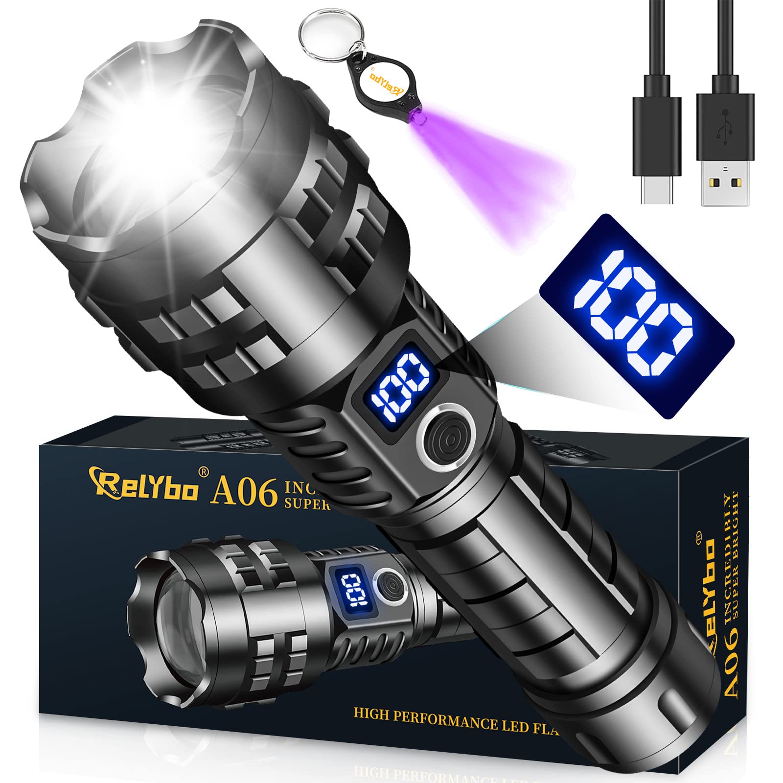 100,000 Lumen Rechargeable LED Flashlight - Super Bright High Power Flashlight for Camping, Hiking & Emergency Use | Waterproof Tactical Flashlight with Long Battery Life | Perfect Outdoor Gear Gift for Men & Survival Kits