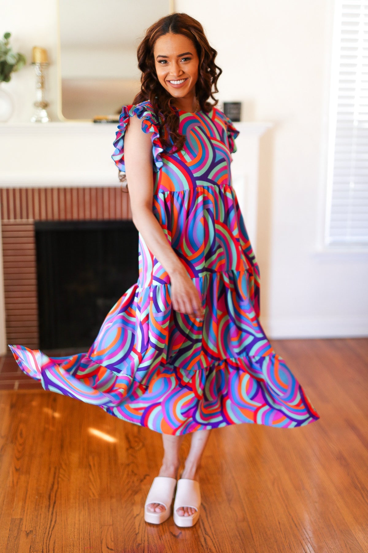 Stylish Purple Abstract Print Smocked Ruffle Sleeve Maxi Dress for Women | Flowy Bohemian Summer Beach Dress | Perfect for Vacations, Weddings & Date Nights