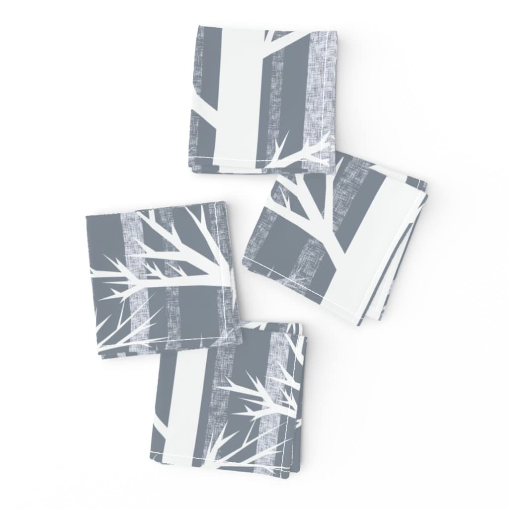 Winter Woods Forest Print Linen Cotton Cocktail Napkins (Set of 4) - Christmas Holiday Party Decor, Ice Gray White Tree Branch Design for Dinner Parties & Home Entertaining