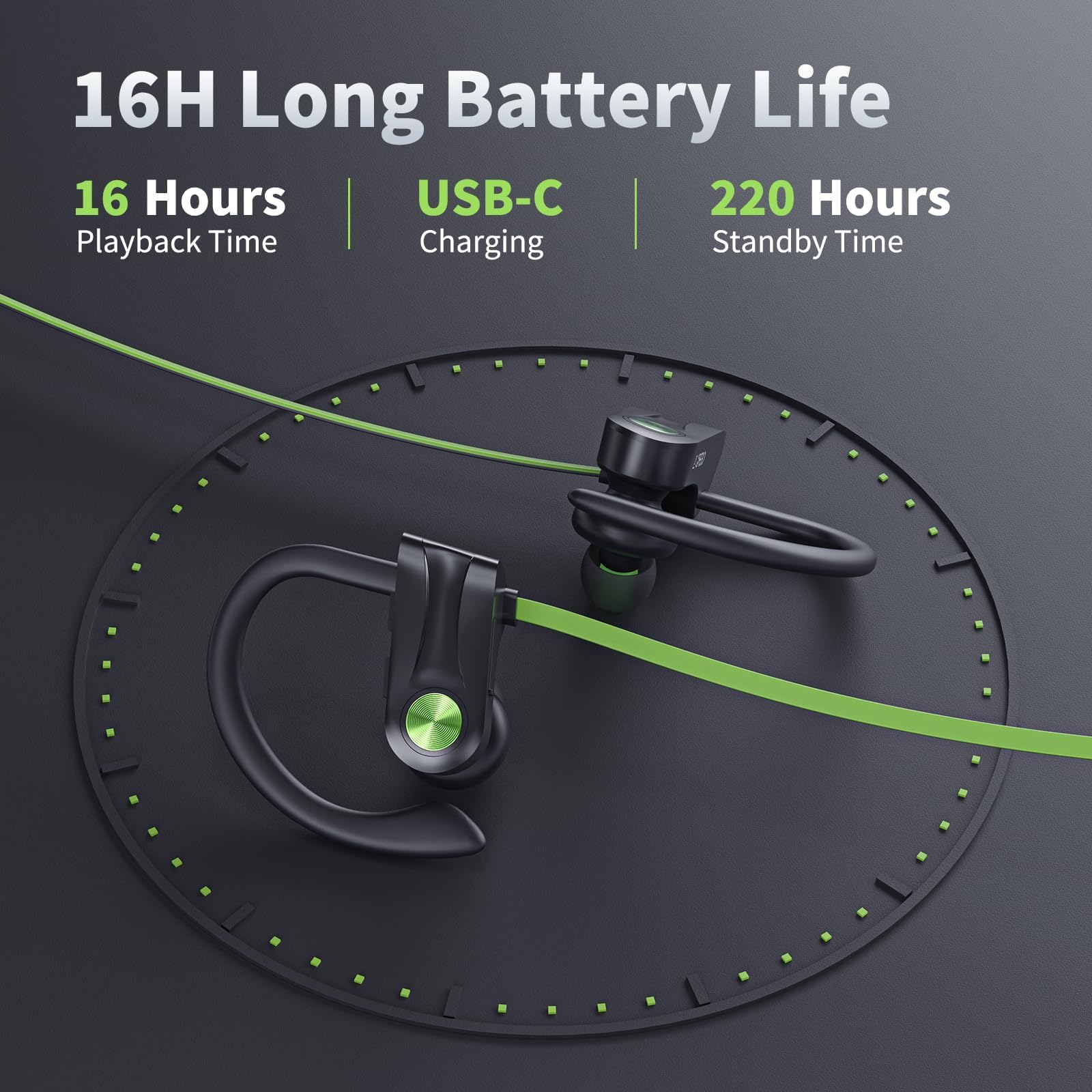 NUASI Bluetooth 5.3 Wireless Headphones - HD Stereo Sound, Deep Bass, IPX7 Waterproof Earphones for Running, Gym, Workout & Sports | Noise Isolation | Long Battery Life | Perfect for Commuting, Travel & Outdoor Activities (Green)