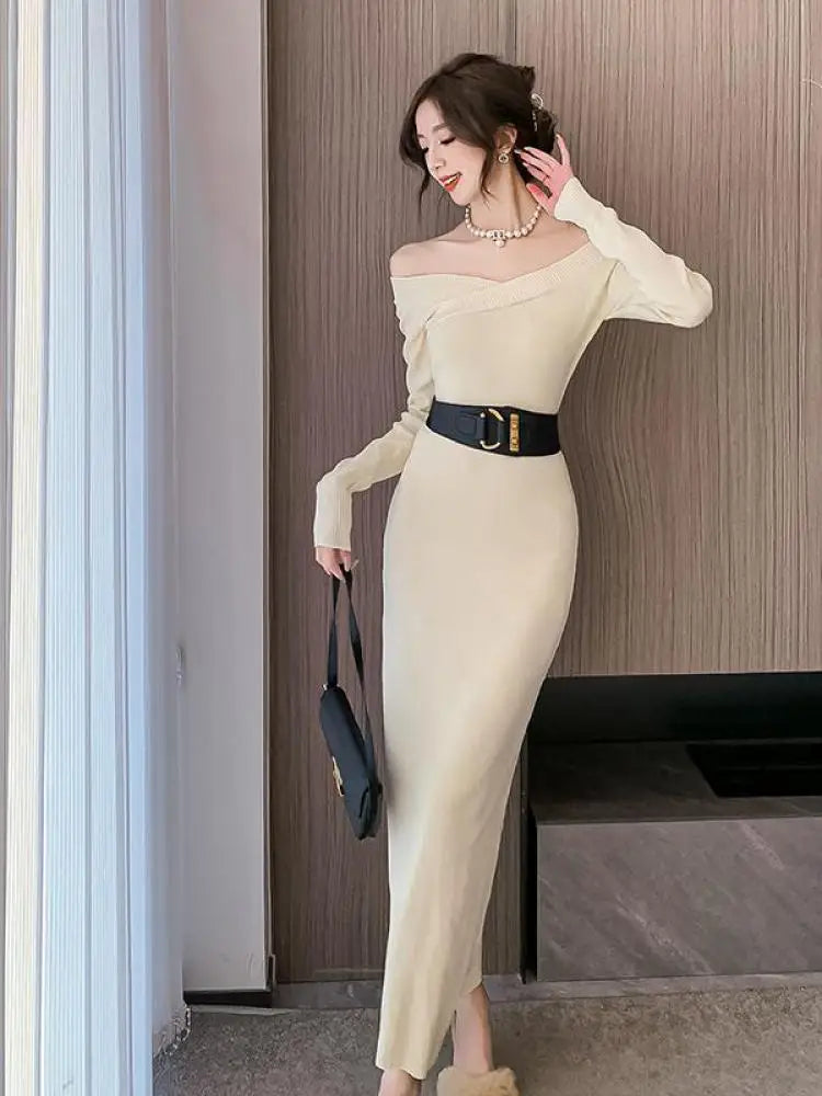 Beige Knit Sweater Dress for Women - Autumn Winter Long Sleeve V-Neck Slim Fit High Waist Elegant Party Dress (Black, Red) - Perfect for Evening Events, Date Nights & Holiday Gatherings
