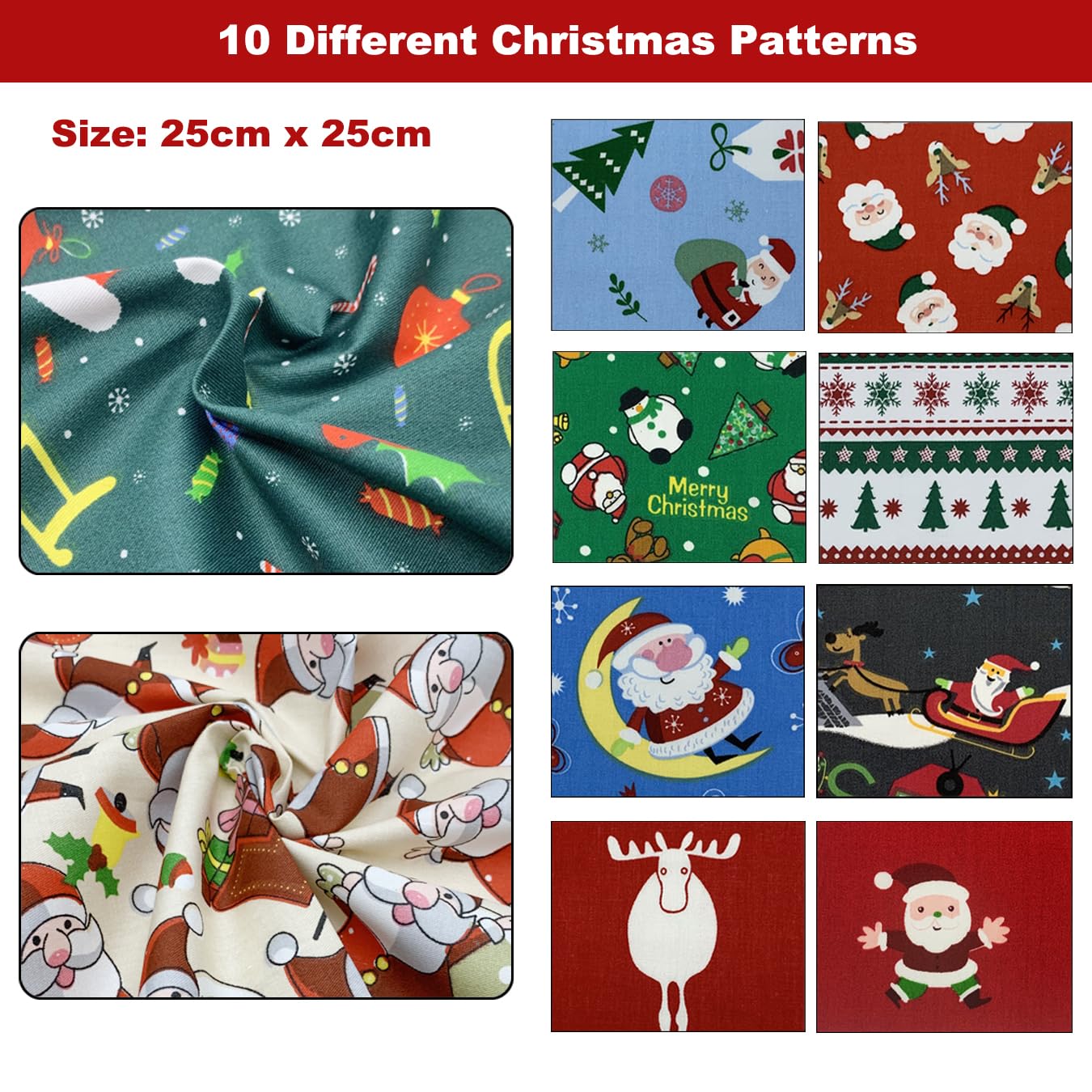10pcs Christmas Cotton Fabric Bundles - 25x25cm Precut Squares for DIY Sewing, Quilting, Patchwork, Pillows, Bags & Home Decor - Holiday Craft Supplies & Textile Materials (U-01) - Perfect for Christmas Decorations, Gift Making & Seasonal DIY Projects