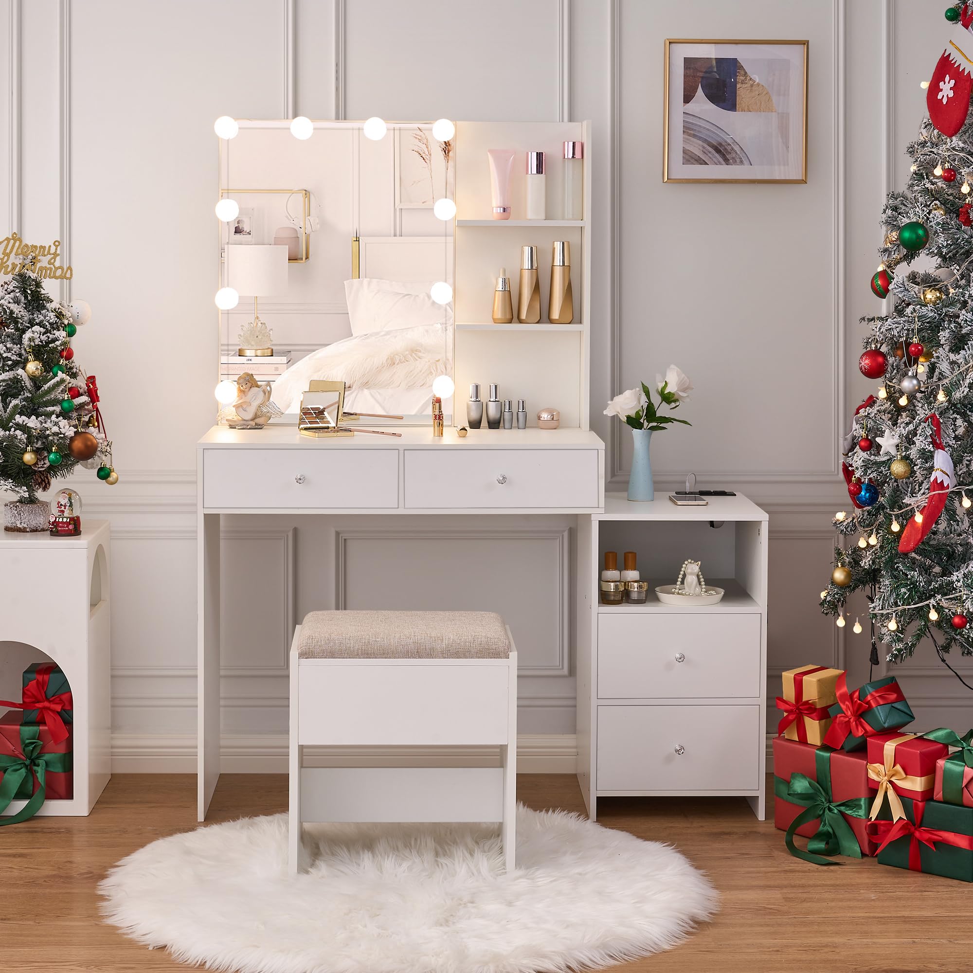 ANWBROAD White Makeup Vanity Desk with LED Lights & Mirror - 10 LED Bulbs, Charging Station, Drawers, Storage Shelves & Stool - Dressing Table for Women & Girls - Perfect for Bedroom, Dorm Room & Beauty Salon (Model: UBDT13W)