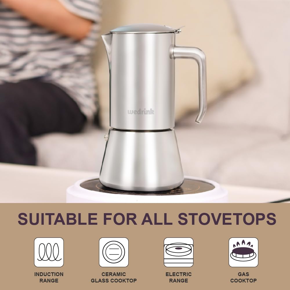Wedrink Stovetop Espresso Maker - 4 Cup (6.5 oz) Stainless Steel Moka Pot for Greca Coffee - Works on Induction, Electric & Gas Stoves - Perfect for Home Brewing, Camping & Office Use
