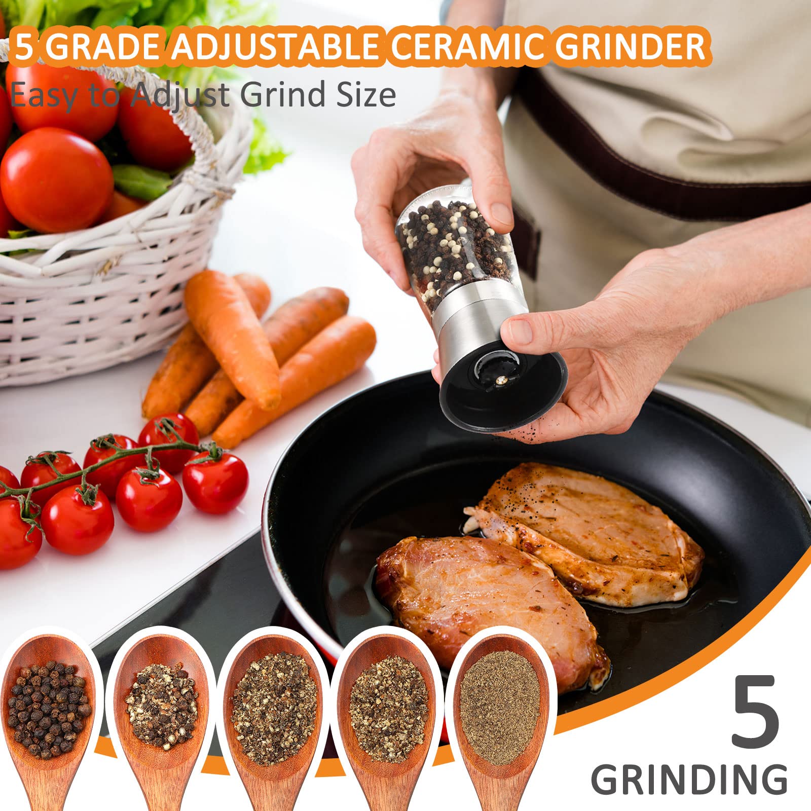 Premium Set of 6 Stainless Steel Salt and Pepper Grinders - Adjustable Ceramic Spice Mill with Refillable Glass Bottle (6.3 oz) - Perfect for Kitchen, Dining Table & Gourmet Cooking