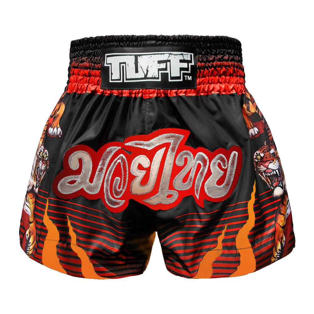 Premium TUFF MUAY THAI SHORTS - Tiger Power Black/Orange for MMA Training & Muay Thai Fighting - High-Performance Kickboxing Shorts for Combat Sports