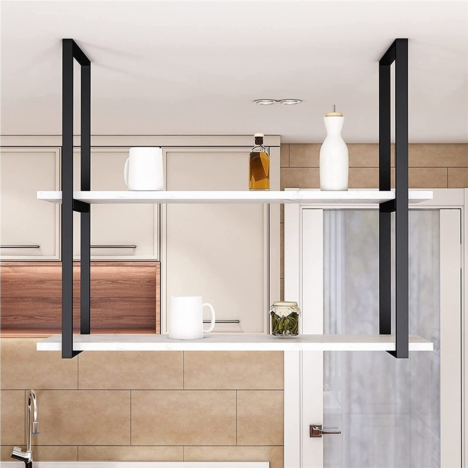 KEPMOGOH Hanging Wine Rack & Plant Stand - Wall Mounted Wine Bottle Display Shelf, Ceiling Wine Glass Holder, European Wrought Iron Bookcase with 2cm Solid Wood Board (70kg Capacity) - Perfect for Kitchen, Bar, Dining Room & Home Decor