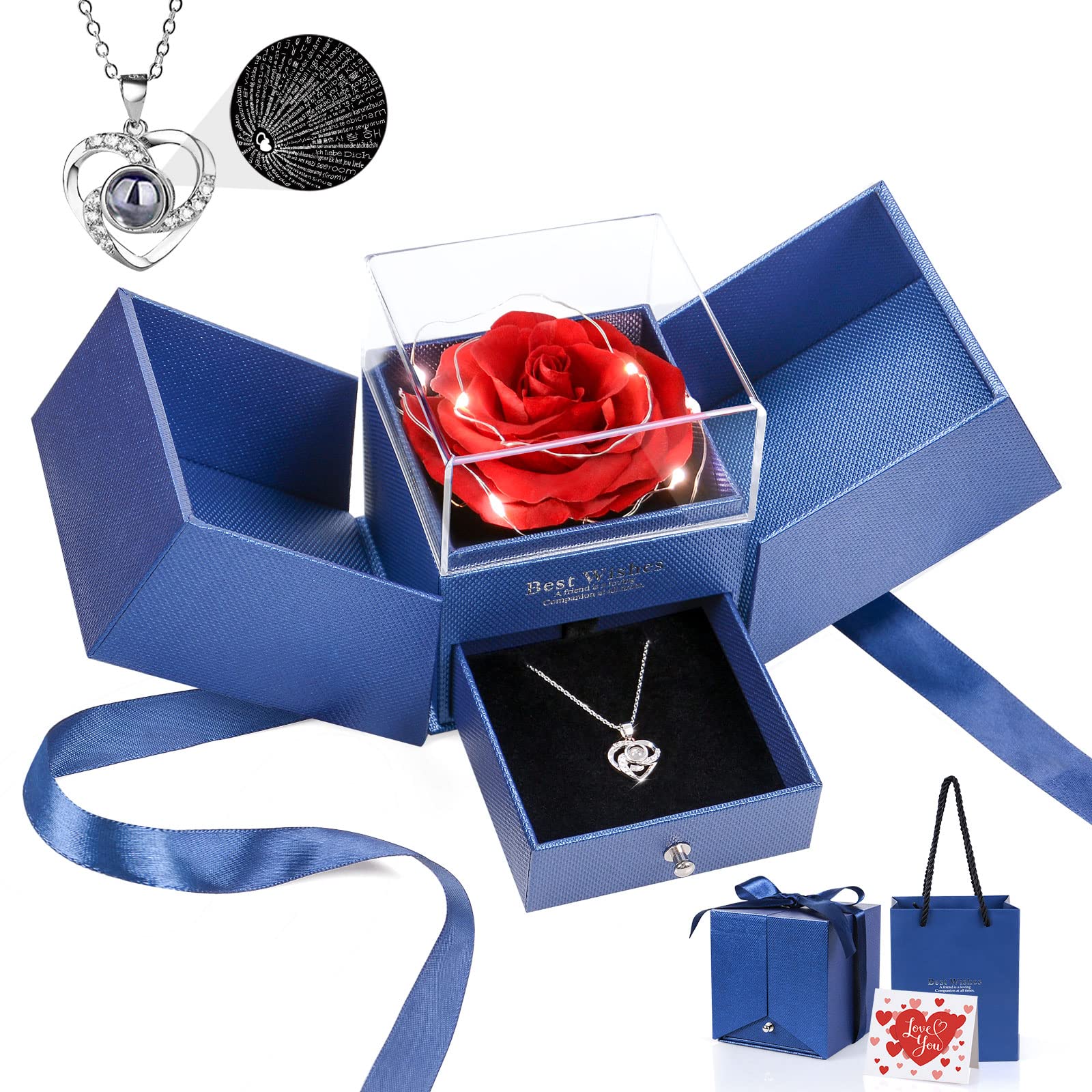 Real Preserved Rose in Glass Dome with 'I Love You' Necklace - Romantic Gift for Women, Girlfriend, Wife, Mom - Birthday, Anniversary, Valentine's Day Present - Perfect for Home Decor, Wedding Centerpiece & Special Occasions