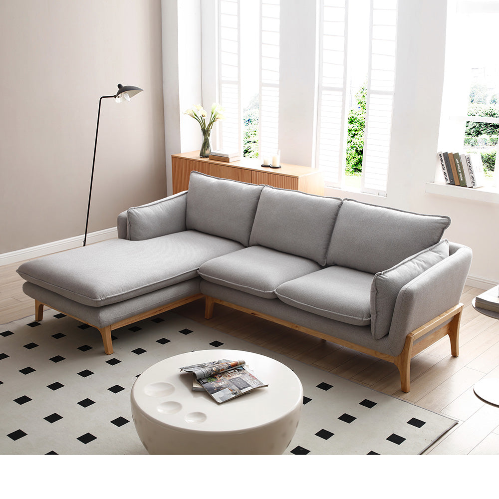 BRONTE 3-Seater Sofa with Left Chaise in Light Grey & Oak - Modern Living Room Furniture for Small Spaces & Apartments