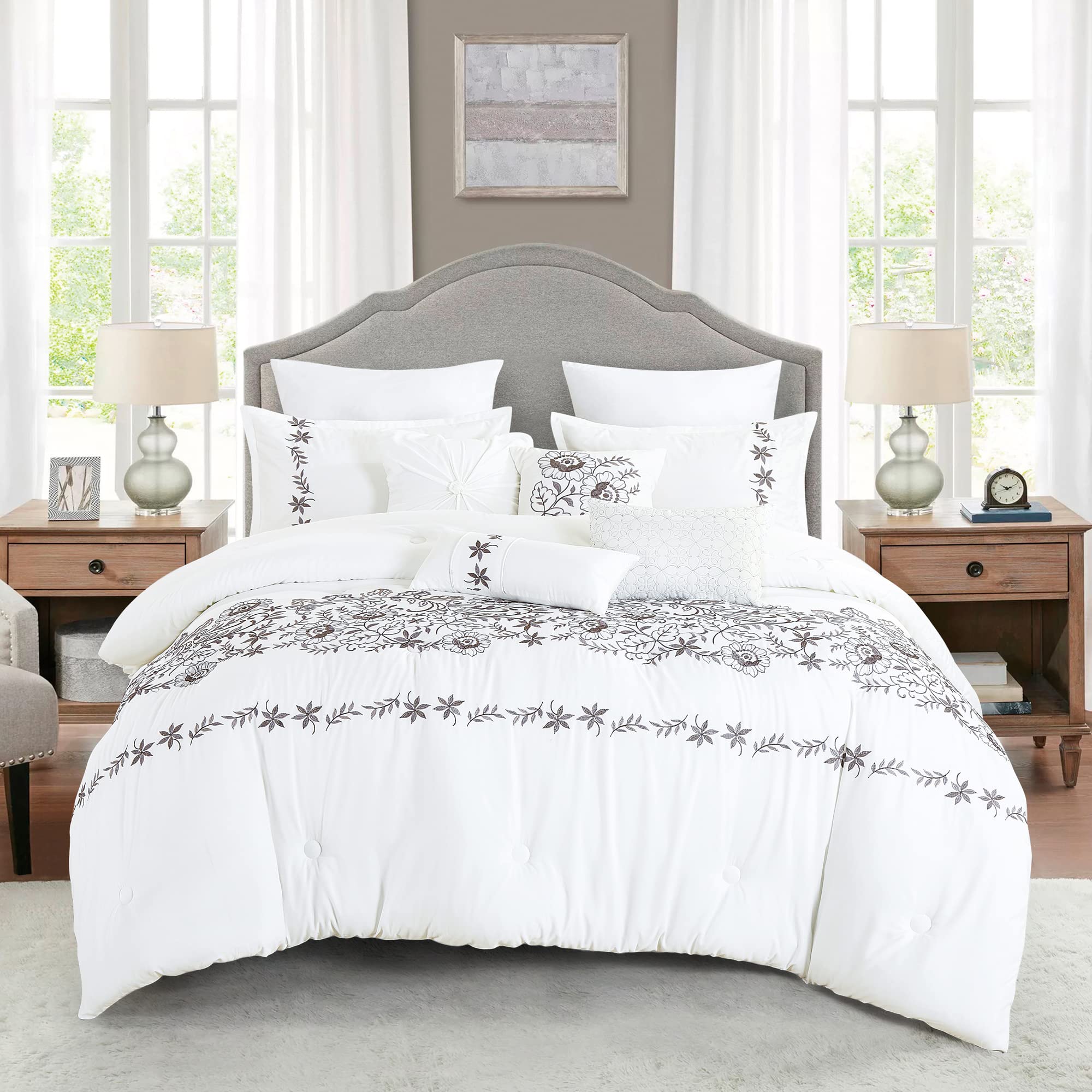Luxury 7-Piece Full/Queen Comforter Set with Shams & Cushions - Modern Elegant Floral Print in White & Charcoal - Bed in a Bag for Master Bedroom, Guest Room & Dorm Decor (22158V, Queen)