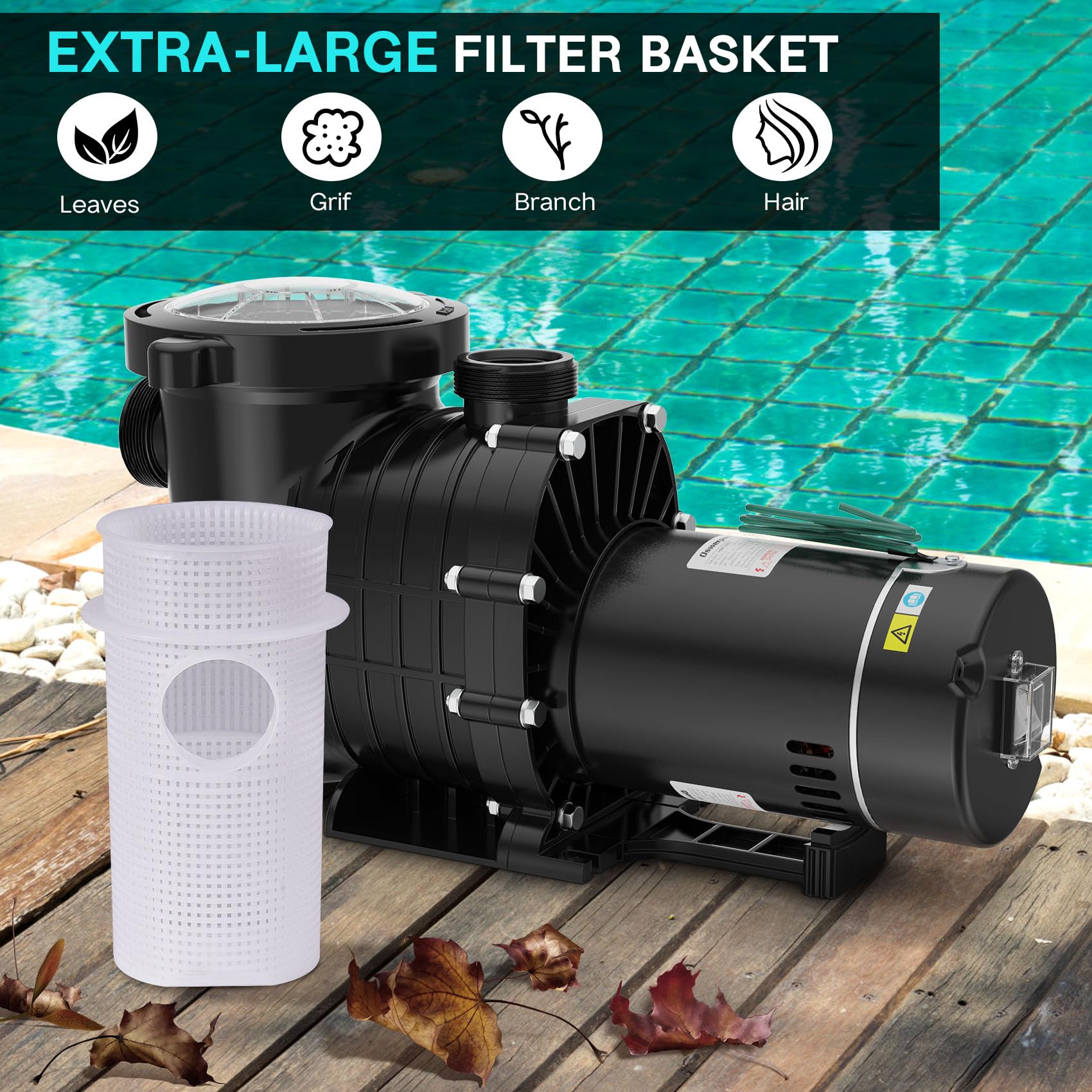 1.5 HP 6600GPH Powerful Self-Priming Pool Pump for Above Ground & Inground Pools (15,000-31,000 Gallons) - Dual Voltage Swimming Pool Pump with Strainer Basket & Drain Plug - Perfect for Backyard, Residential & Commercial Pool Maintenance