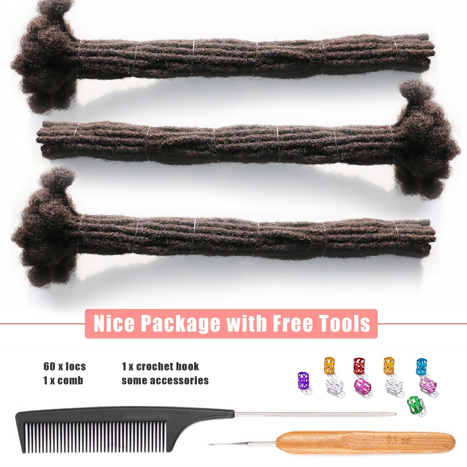 14 Inch Human Hair Loc Extensions - 60 Strands 0.4cm Full Handmade Permanent Dreadlocks - Soft Natural Black Dreads with Needle & Comb - Can Be Dyed/Bleached/Curled - Perfect for Protective Styles, Twist Outs & Natural Hair Care