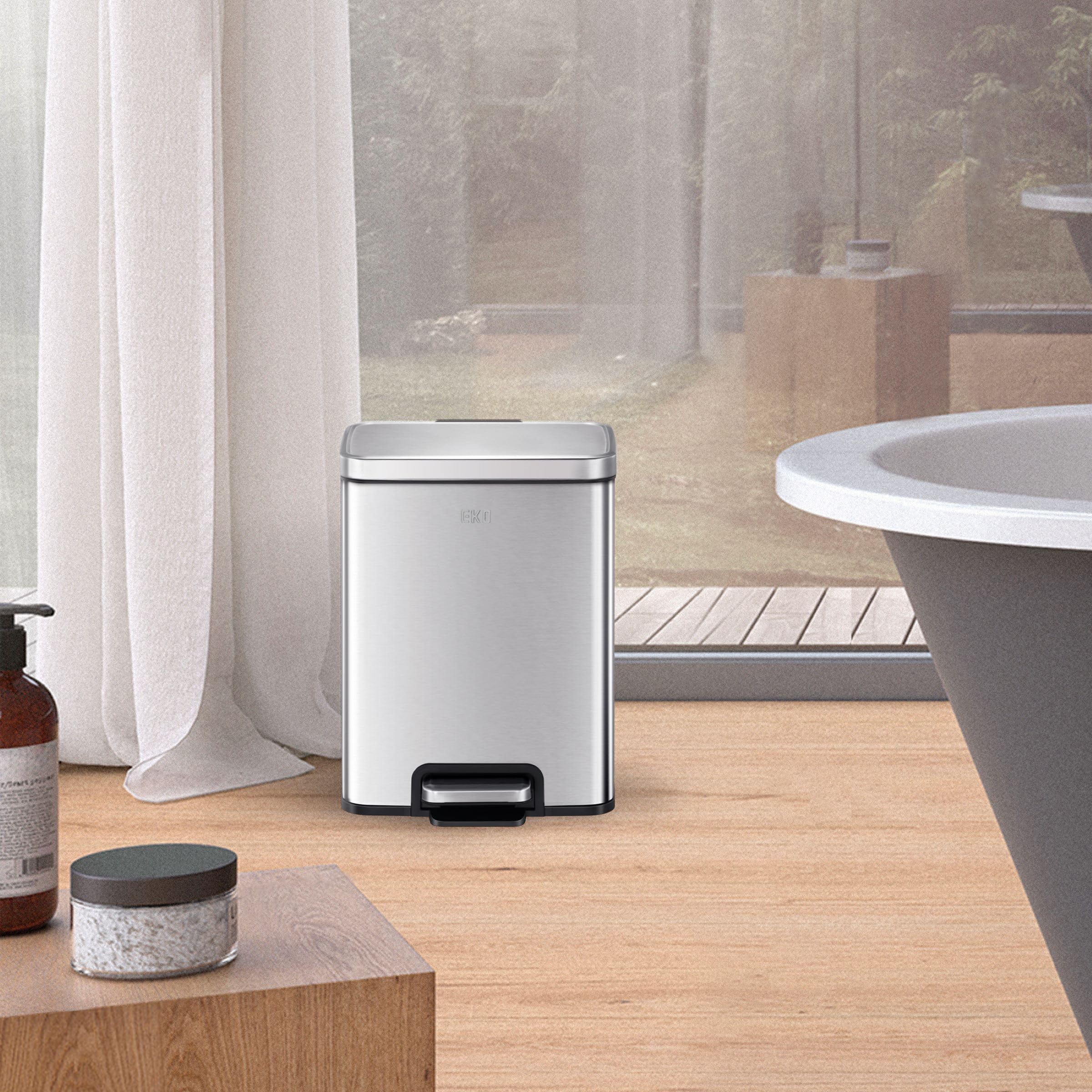 EKO Madison 6L / 1.6 Gal Rectangular Bathroom Trash Can with Lid & Removable Basket - Brushed Stainless Steel Step Trash Bin for Bathroom, Kitchen, Office & Bedroom Waste Disposal