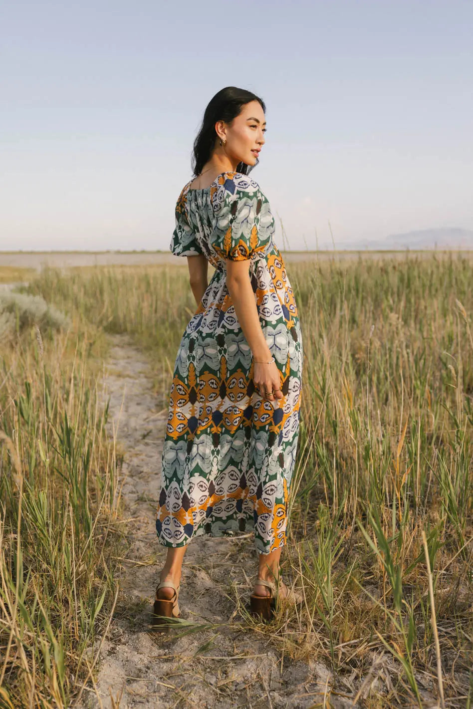 Ainoa Abstract Print Midi Dress for Women - Elegant Flowy Summer Dress | Perfect for Beach Vacations, Date Nights & Casual Outings