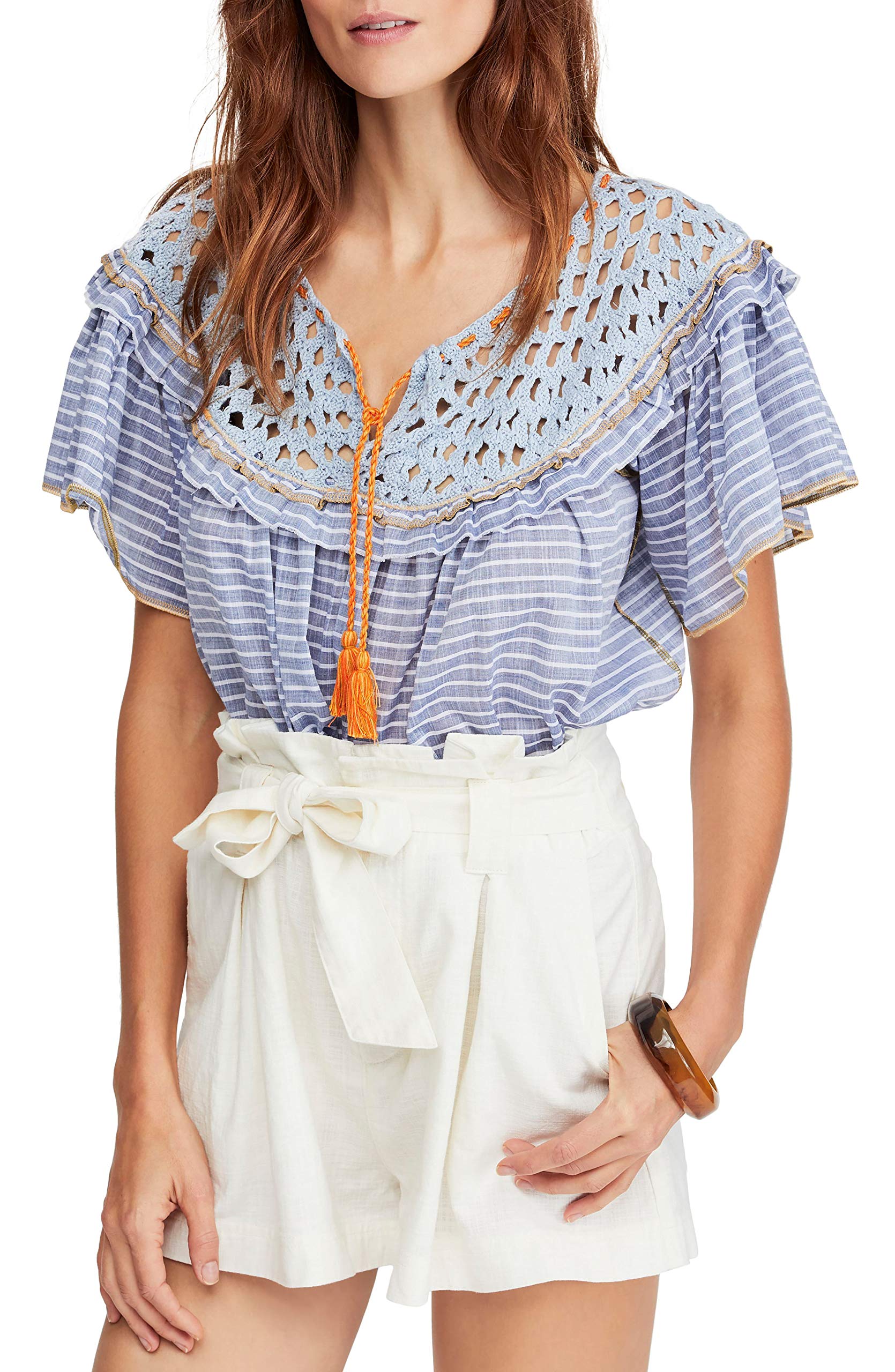 Free People Allora Cotton Striped Ruffled Blouse - Women's Bohemian Summer Beach Shirt for Casual Outings & Vacation Wear
