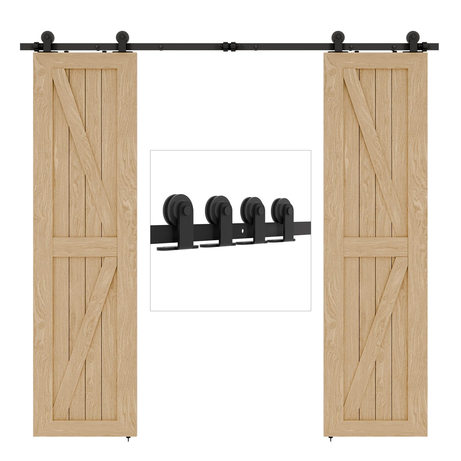 11FT Sliding Barn Double Door Hardware Kit - Black Top Mount T Rollers & Hangers Set for Cabinet Closet (Perfect for Rustic Home Decor, Farmhouse Style Rooms & DIY Wardrobe Projects)