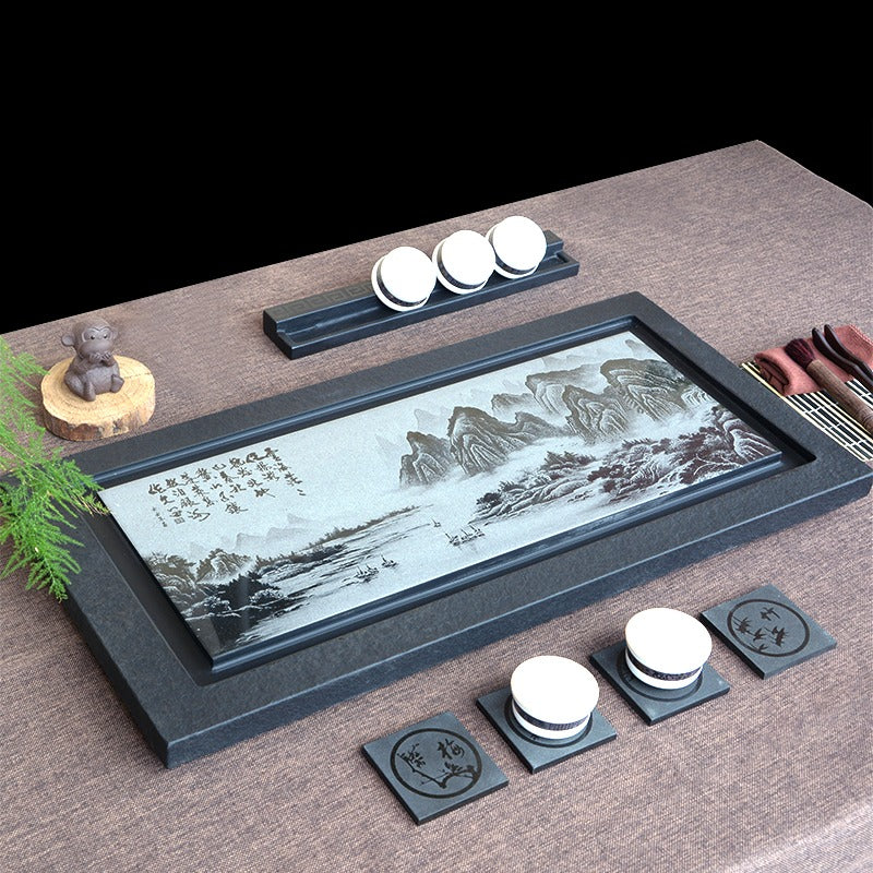 Handcrafted Black Stone Tea Tray with Exquisite Landscape Carvings - Perfect for Chinese Tea Ceremony, Home Decor & Zen Meditation Spaces