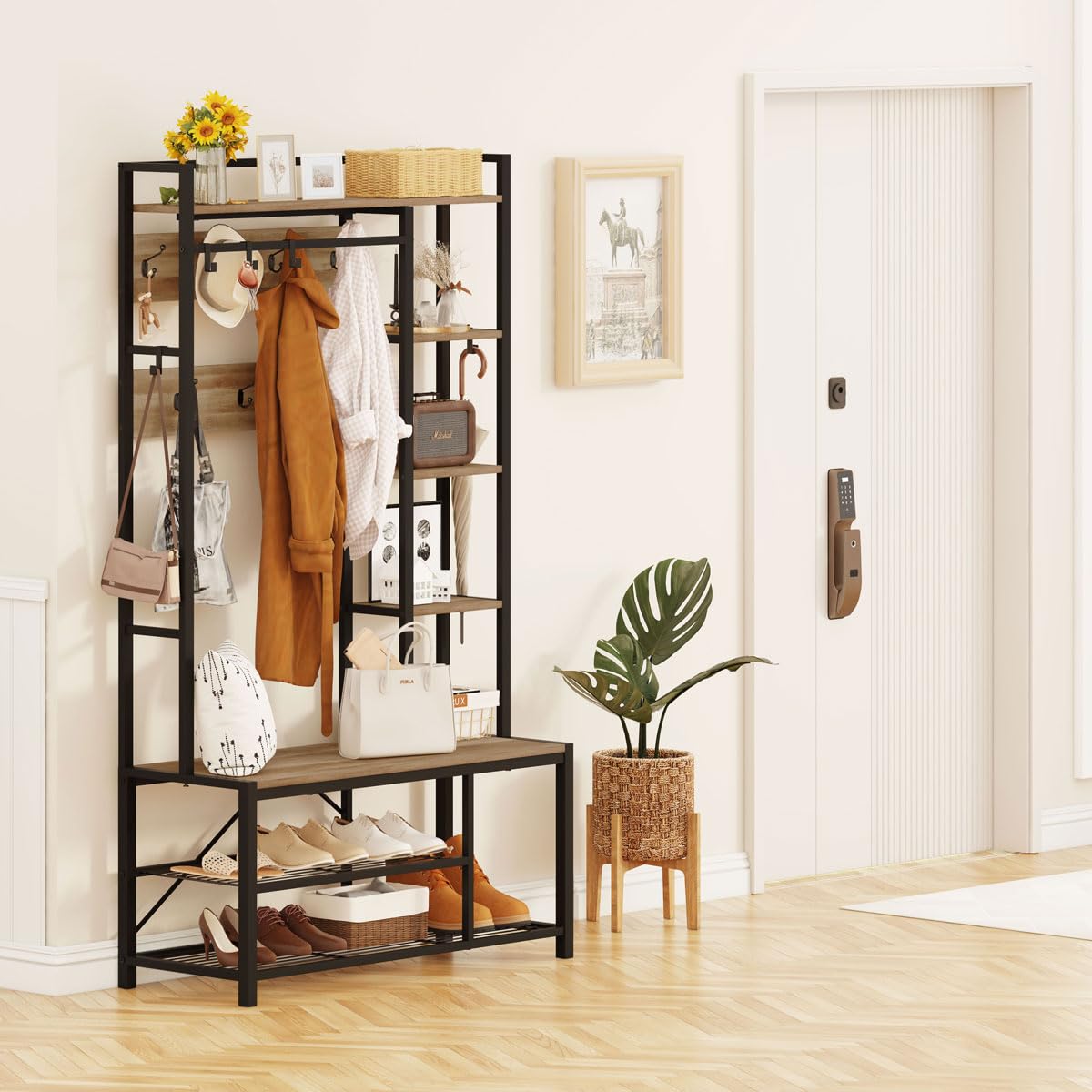 BON AUGURE Farmhouse Entryway Hall Tree with Shoe Storage & Coat Rack - Vintage Oak Mudroom Bench with 5-Tier Open Shelves, Adjustable Hooks & Hanging Rod | Perfect for Foyer, Entry Hall & Home Organization