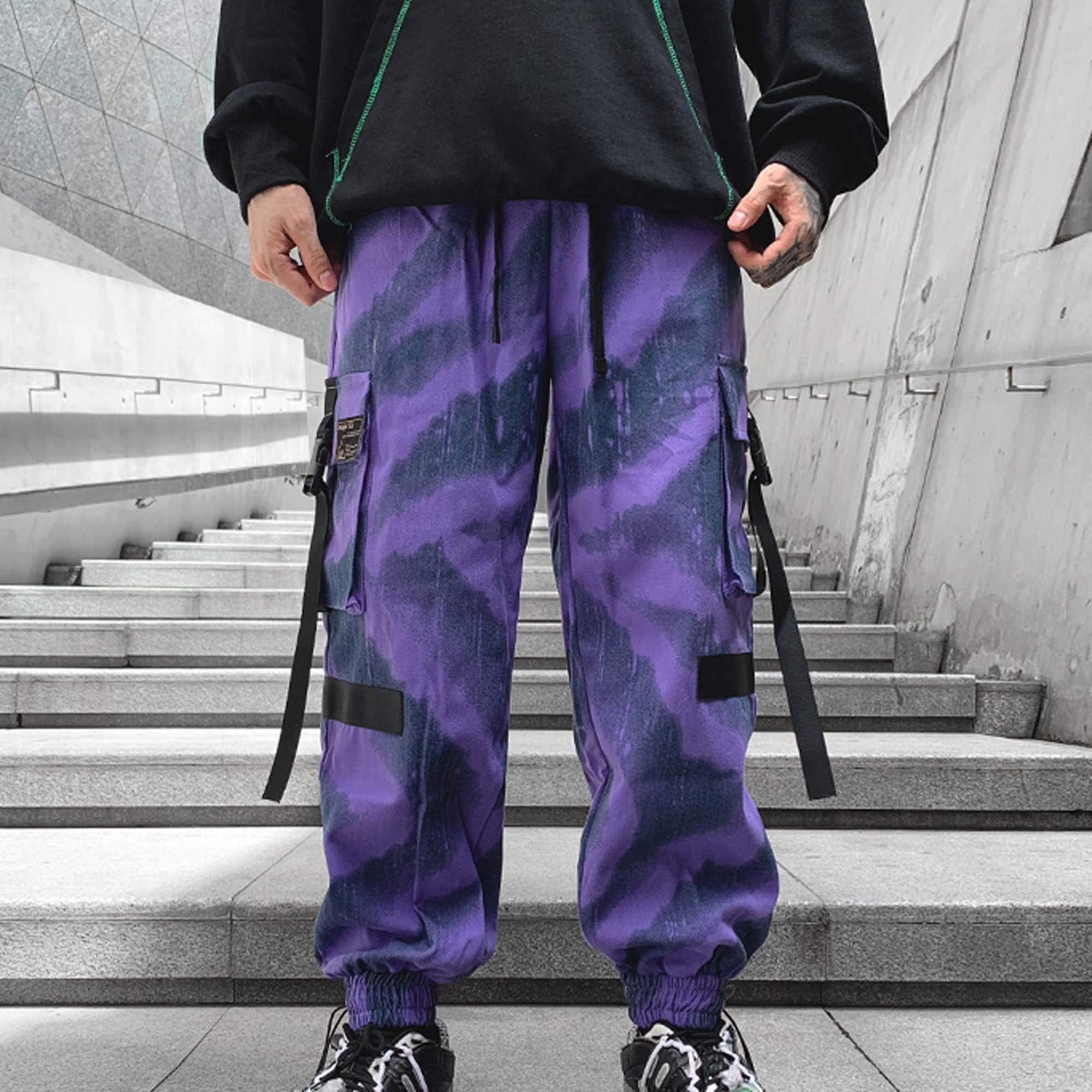 XYXIONGMAO Men's Purple Techwear Joggers - Tactical Streetwear Sweatpants with Cargo Pockets | Hip Hop Fashion, Gym Workout & Outdoor Activities