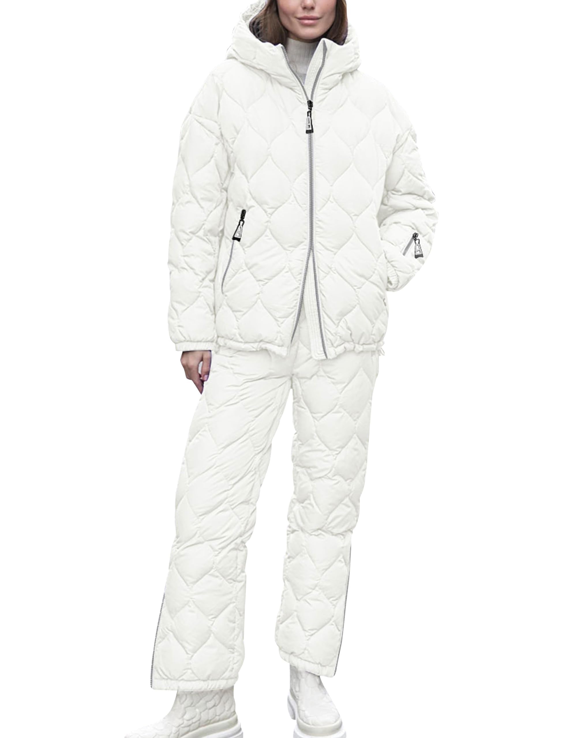 Women's 2-Piece Snow Suit Set - Waterproof Quilted Ski Jacket & Padded Jogger Pants with Hood for Winter Skiing, Snowboarding & Outdoor Activities | Warm Thermal Puffer Coat Outfit for Cold Weather Adventures