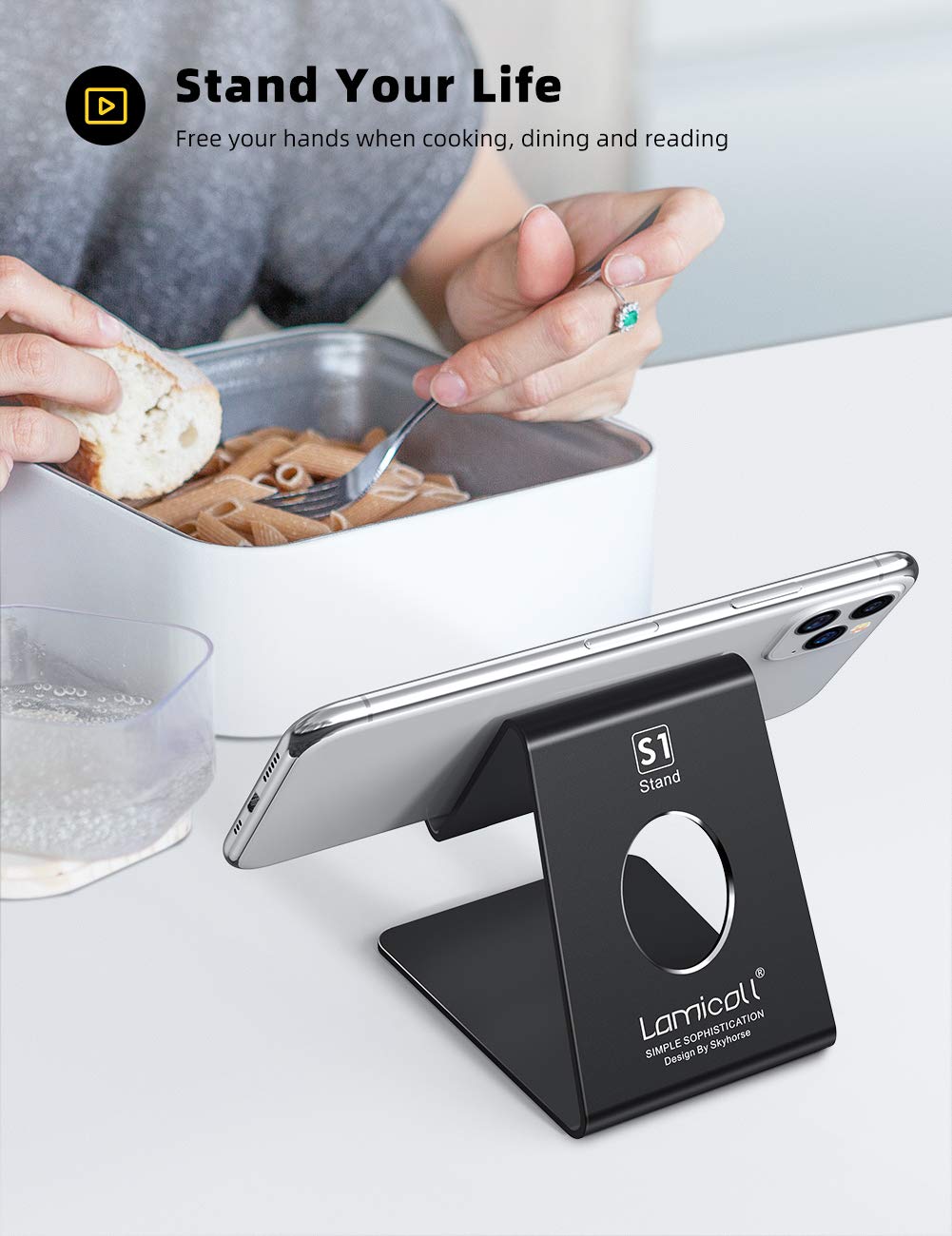 Lamicall Adjustable Cell Phone Stand - Universal Phone Dock, Cradle & Holder for iPhone, Samsung, All Smartphones - Black - Perfect for Office Desk, Home, Car & Video Calls