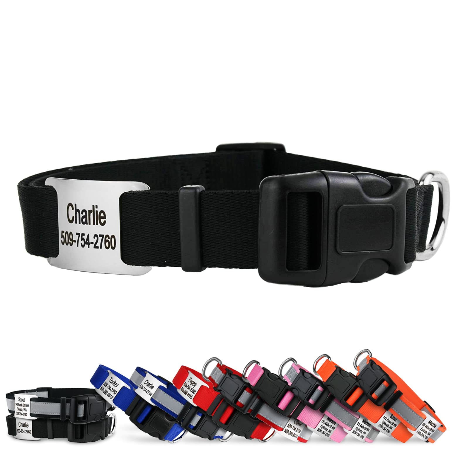 Personalized Dog Collar with Engraved Nameplate - Adjustable Pet Collar with Silent Stainless Steel ID Tag for Small, Medium & Large Dogs | Perfect for Daily Walks, Training & Pet Identification (Black, Medium)
