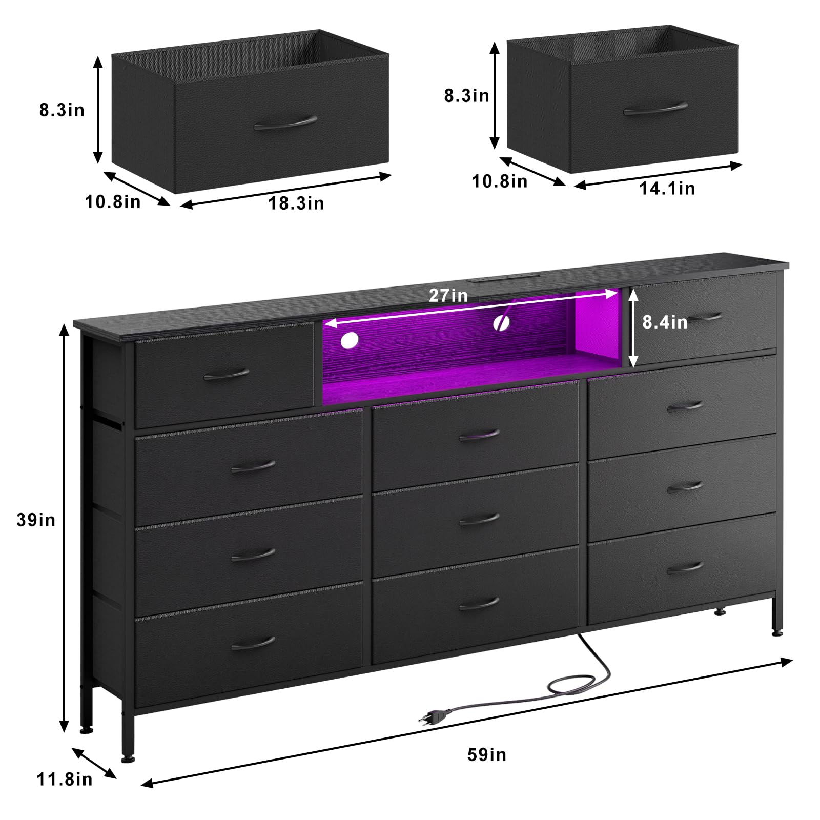 Fixwal 11-Drawer Long Dresser for Bedroom with USB Charging Station & LED Lights, Black Fabric TV Stand Chest with PU Finish - Perfect for Bedroom Storage, Living Room Entertainment Center & Entryway Organization