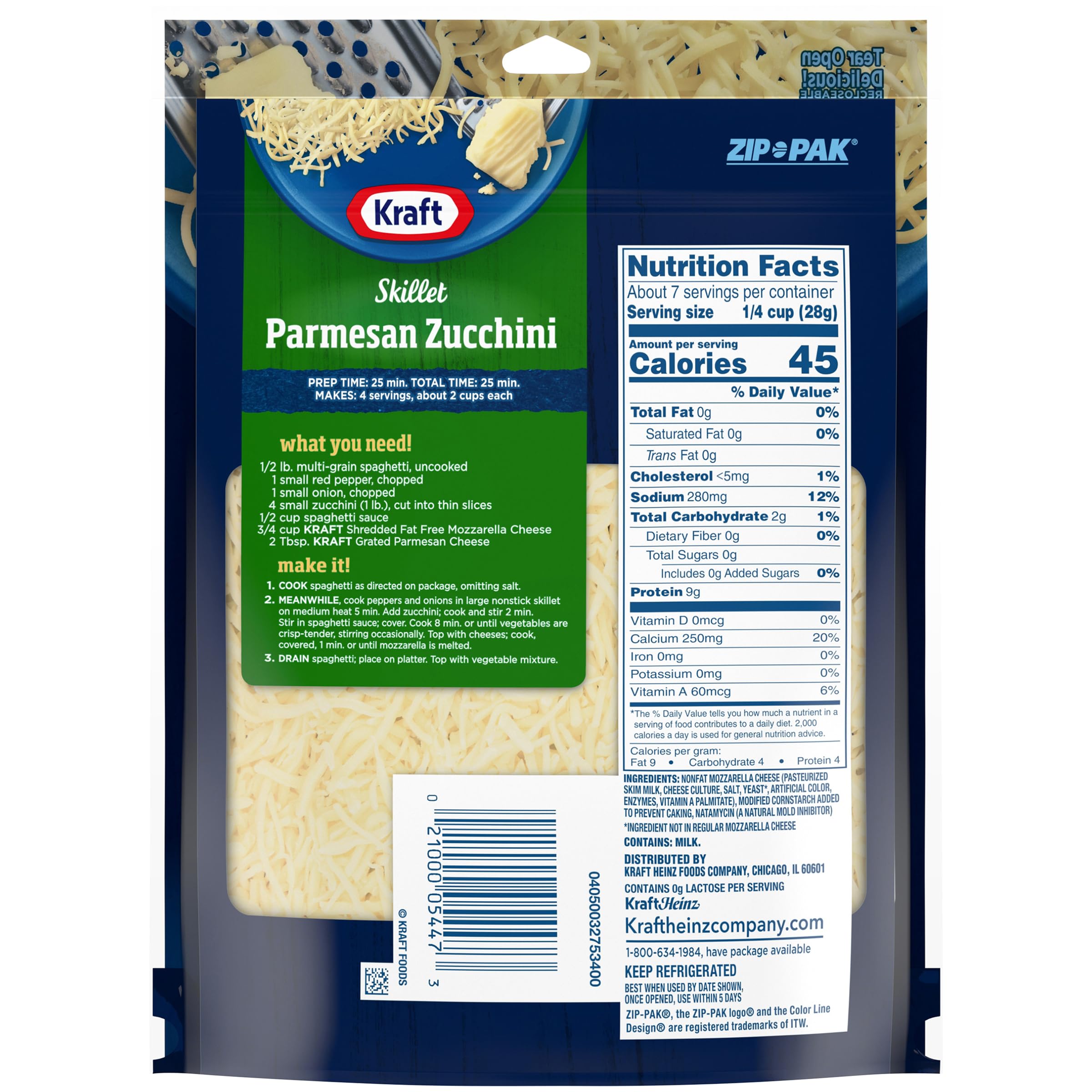 Fat Free Natural Mozzarella Shredded Cheese - 7 oz Pouch | Kraft | Low Calorie, Gluten Free | Perfect for Pizza, Pasta & Salads