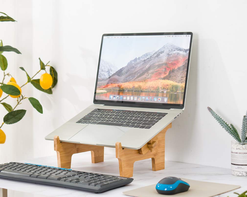 Ergonomic Bamboo Laptop Stand for 12-17 Inch MacBook Pro/Air, Dell, Acer | Foldable Wooden Notebook Riser Holder with Cooling Function | Perfect for Home Office, Desk Work, and Study