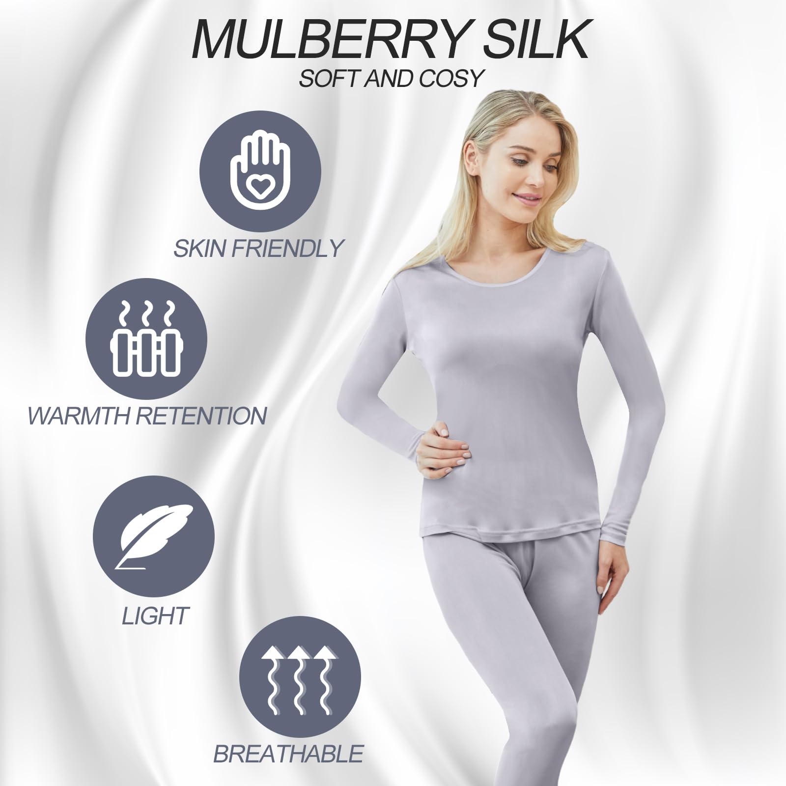 Panitay 2-Pack Women's 100% Mulberry Silk Thermal Underwear Set - Long Sleeve Top & Pants Base Layer for Winter - Warm Silk Pajama Set for Sleeping, Lounging & Cold Weather Comfort