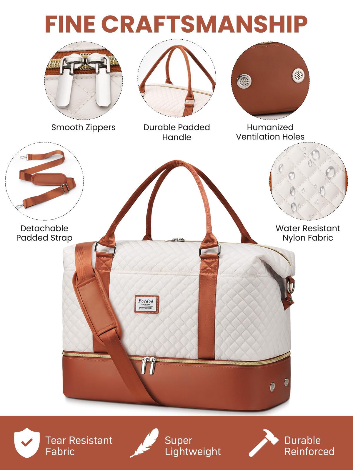 Women's Travel Weekender Duffle Bag with Shoe Compartment & Wet Pocket - Large Carry-On Overnight Bag with Toiletry Organizer - Perfect for Weekend Getaways, Hospital Visits, and Labor Delivery (Beige Brown)