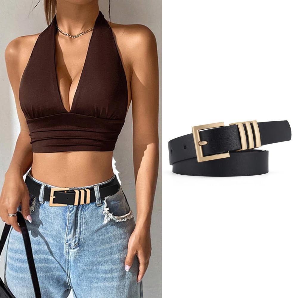 Vintage Women's Leather Belt Adjustable Fashion Accessory with Gold Buckle - Perfect for Jeans, Pants, Dresses & Office Wear | FDEETY