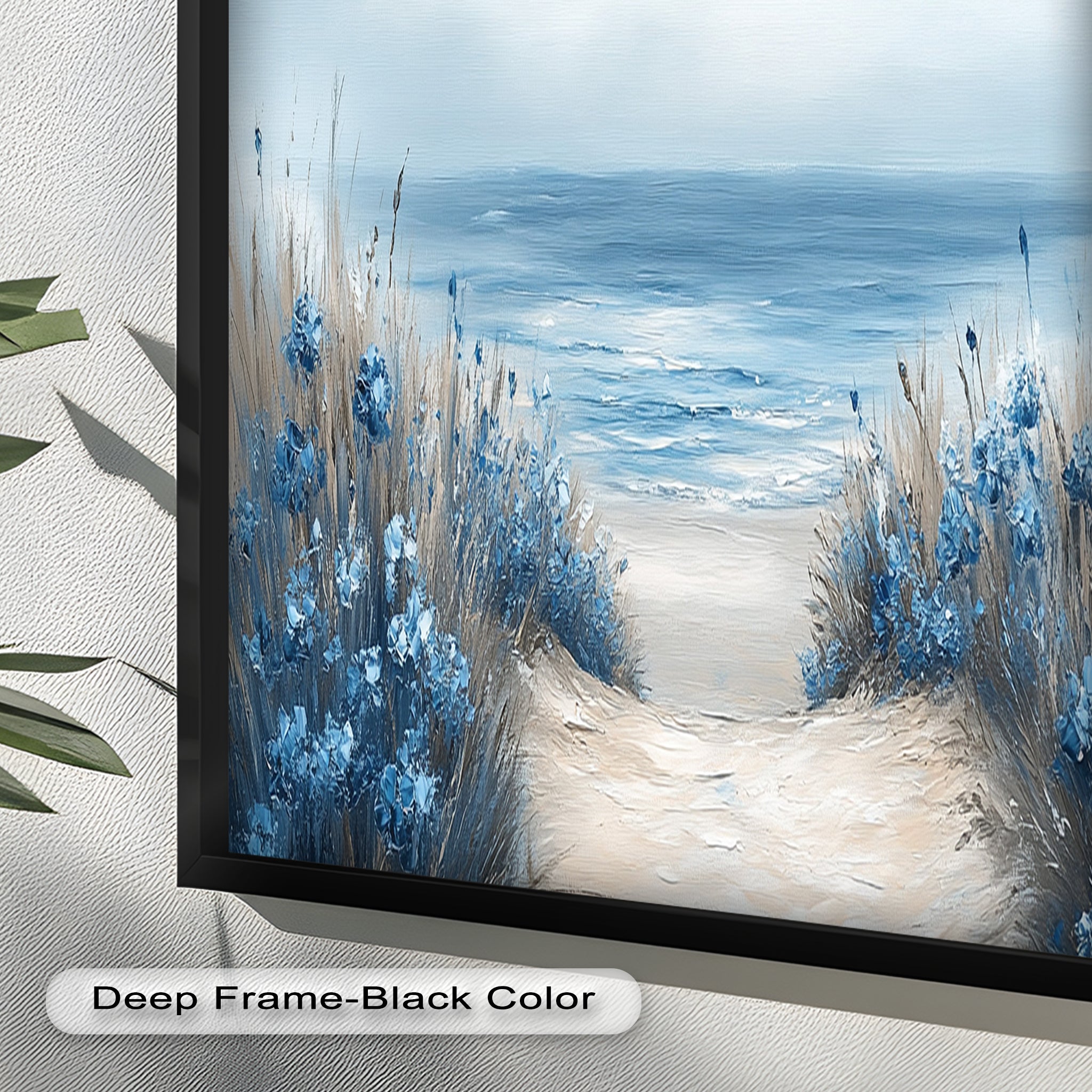 Blue Floral Beach Landscape Realism Oil Painting - Handmade Canvas Wall Art for Living Room, Bedroom & Office Decor