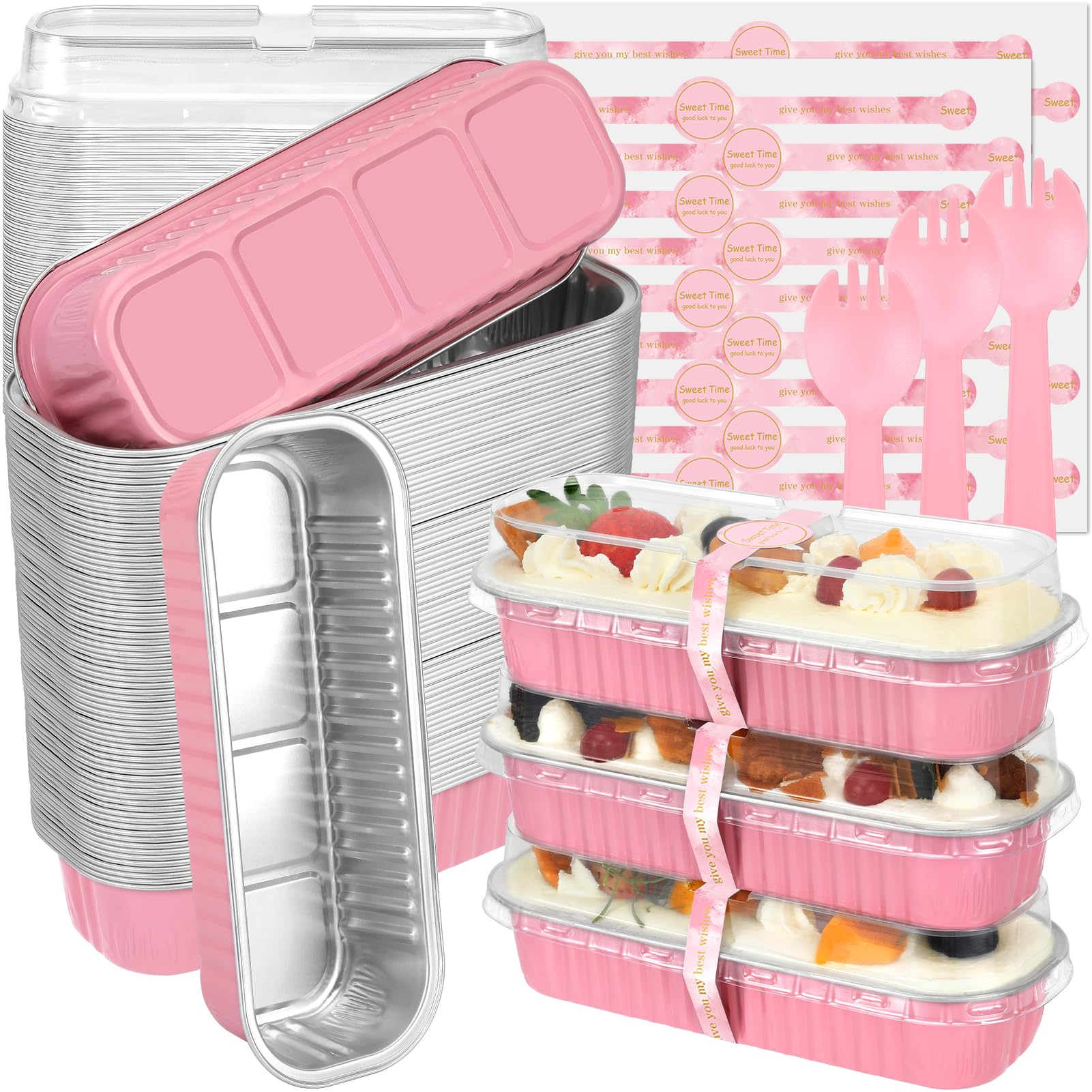 100 Pack Mini Loaf Pans with Lids & Spoons - 6.8oz Rectangular Aluminum Foil Baking Containers for Bread, Brownies & Meal Prep (Pink) - Perfect for Holiday Baking, Party Favors & Food Gifting