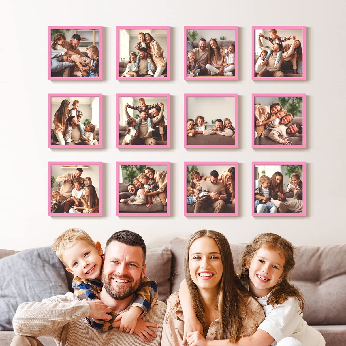 12-Piece Custom Photo Prints Set with 8x8 Real Wood Picture Frames | Personalized Photo Collage Kit | Peel & Stick Wall Decor | Pink Frame for Home, Office & Gift Giving
