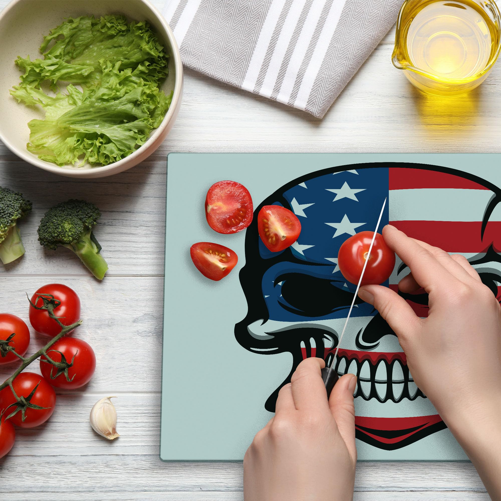 Ambesonne Skull Cutting Board - Horror Art Print Tempered Glass Serving Board - Large Size Blue White Red - Perfect for Halloween Parties & Gothic Kitchen Decor