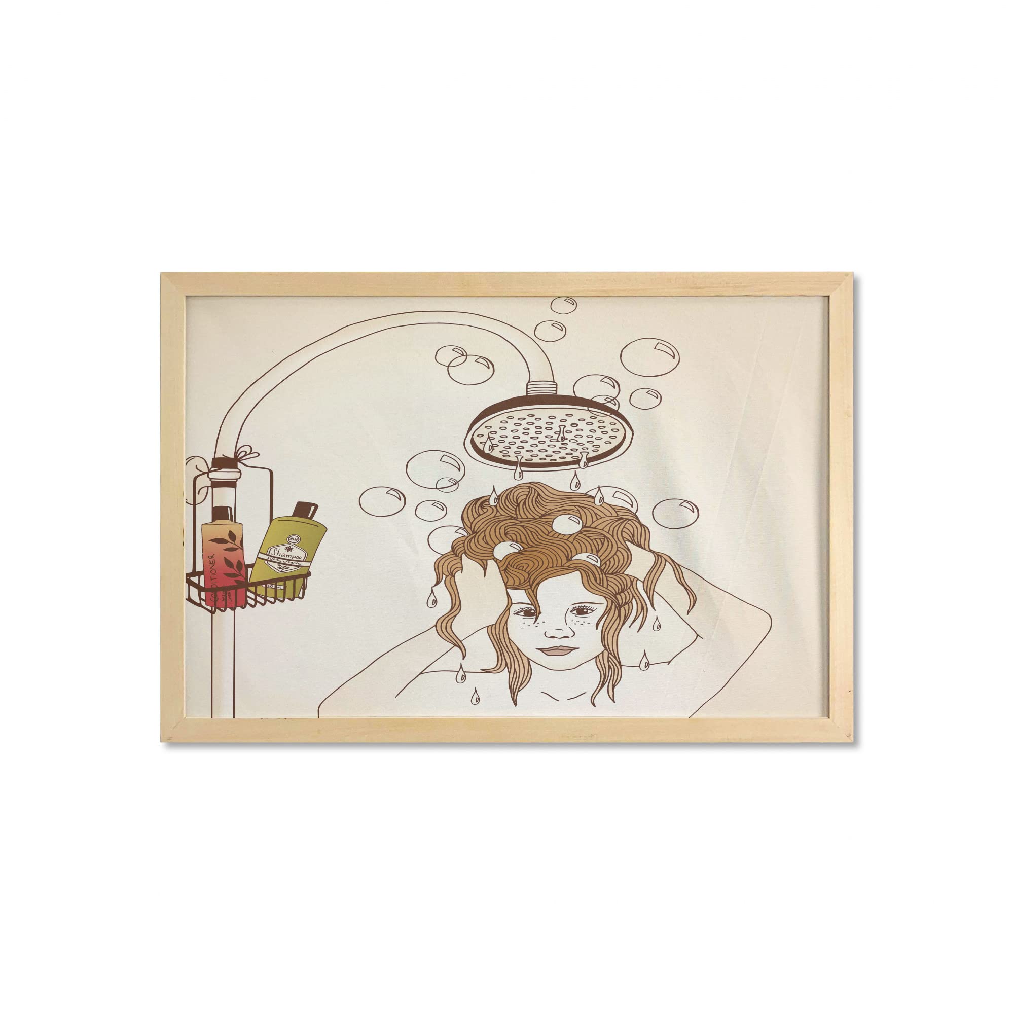 Ambesonne Cartoon Wall Art with Frame - Woman Showering with Shampoo & Soap Bubbles Hair Care Theme, Printed Fabric Poster for Bathroom Decor, Living Room, Dorm Room (35